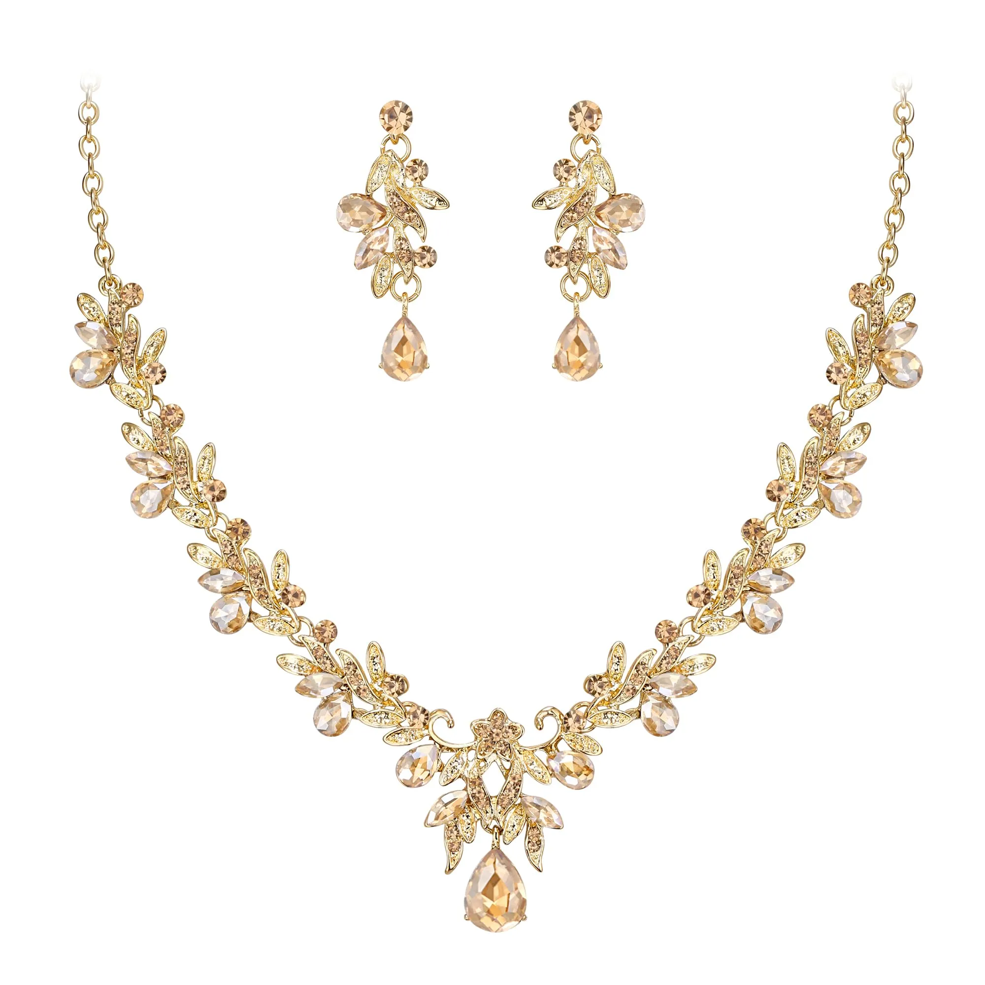 Clearine Set di gioielli con collana e orecchini, gocce, foglie, strass e cristalli, tono argento chiaro, Groß - immagine 1
