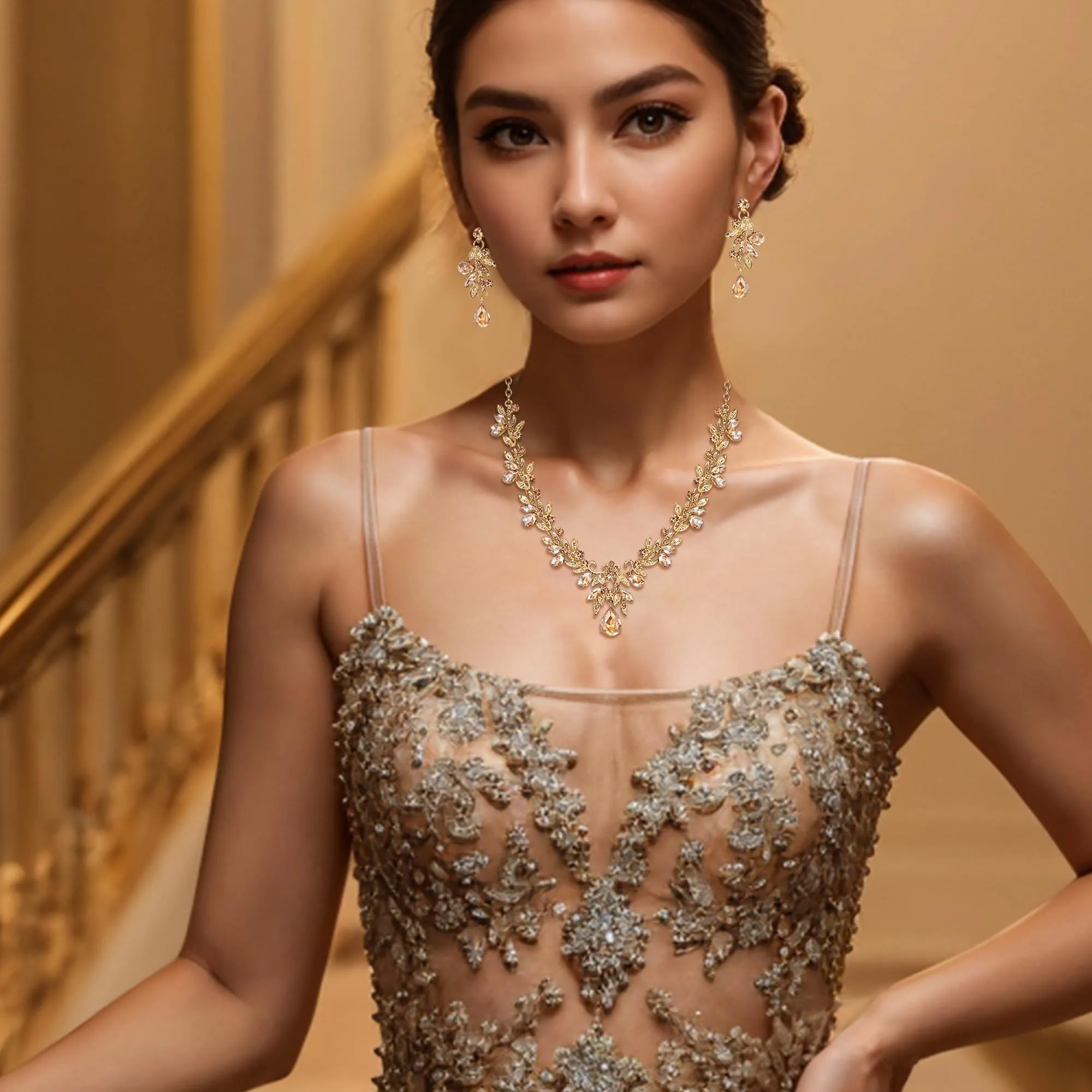 Clearine Set di gioielli con collana e orecchini, gocce, foglie, strass e cristalli, tono argento chiaro, Groß - immagine 2
