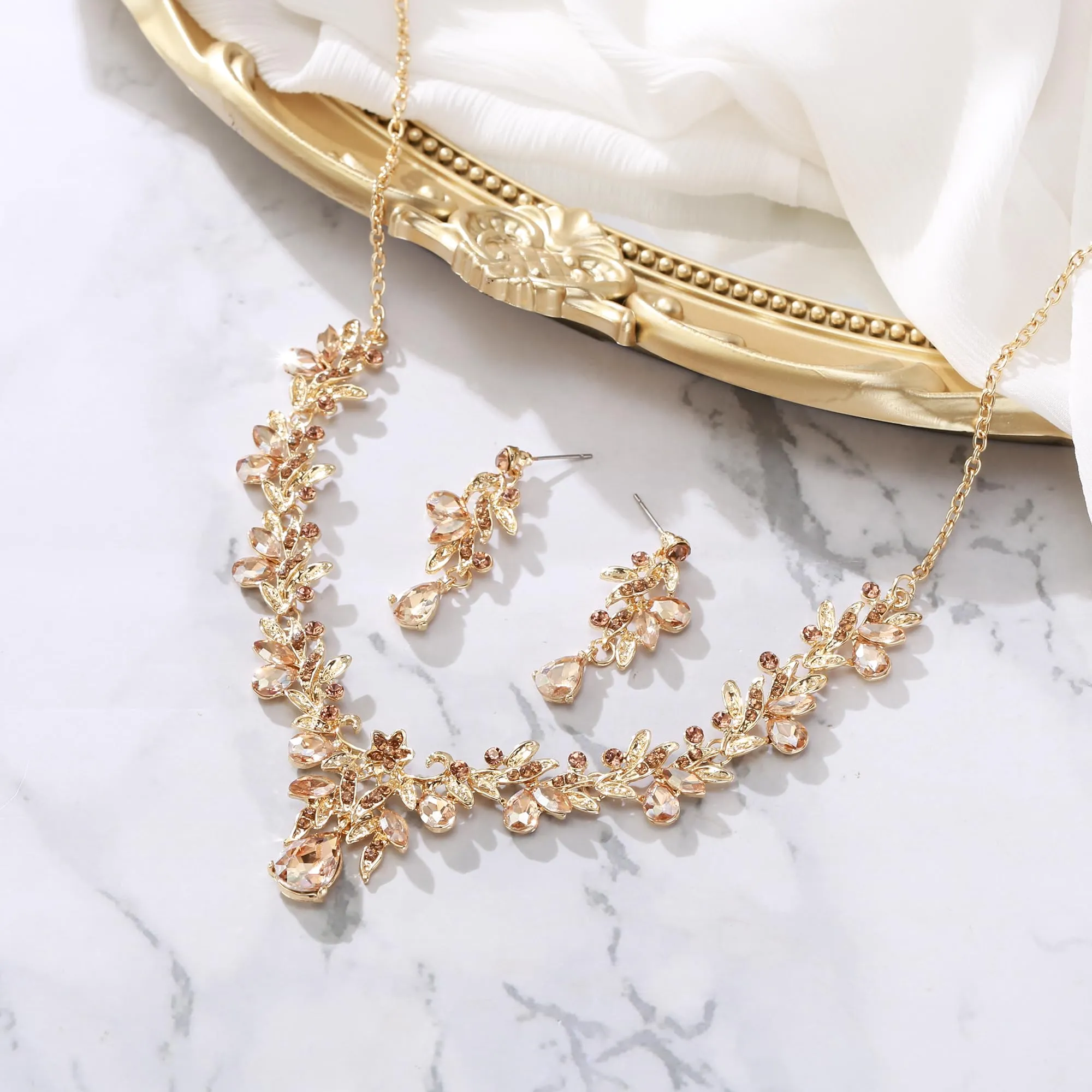 Clearine Set di gioielli con collana e orecchini, gocce, foglie, strass e cristalli, tono argento chiaro, Groß - immagine 4