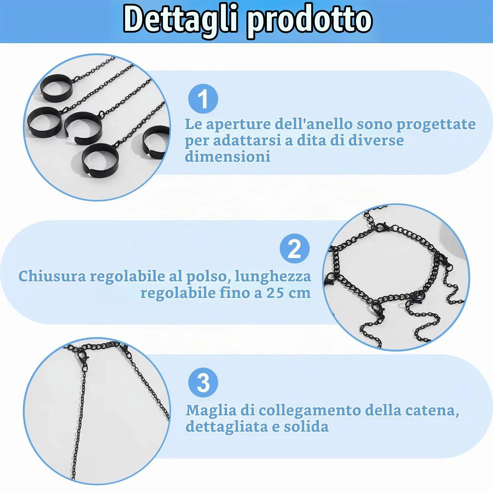 Snowtain Anelli Punk a Catena, Regolabili in Stile Vintage Gotico, Nero - immagine 3