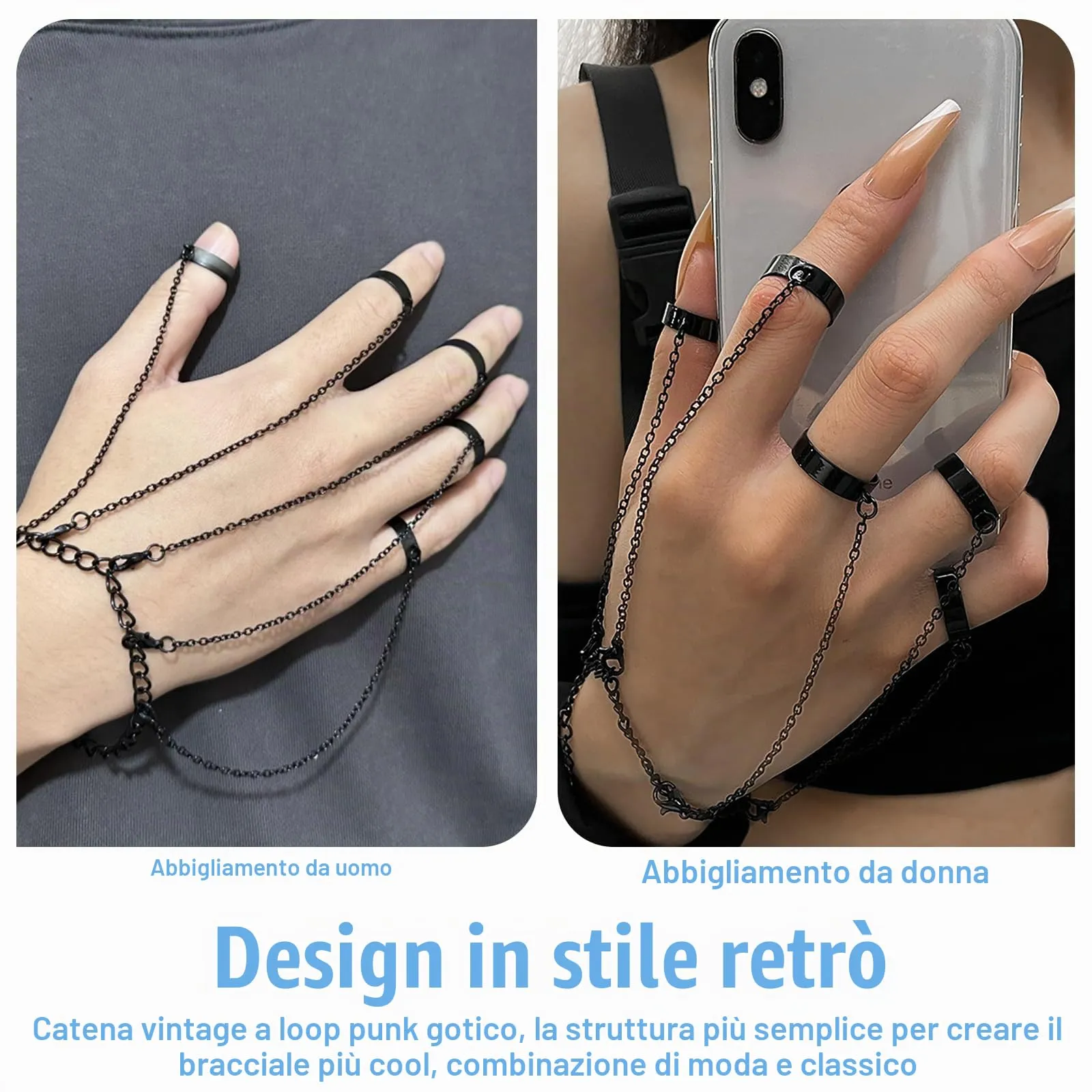 Snowtain Anelli Punk a Catena, Regolabili in Stile Vintage Gotico, Nero - immagine 5