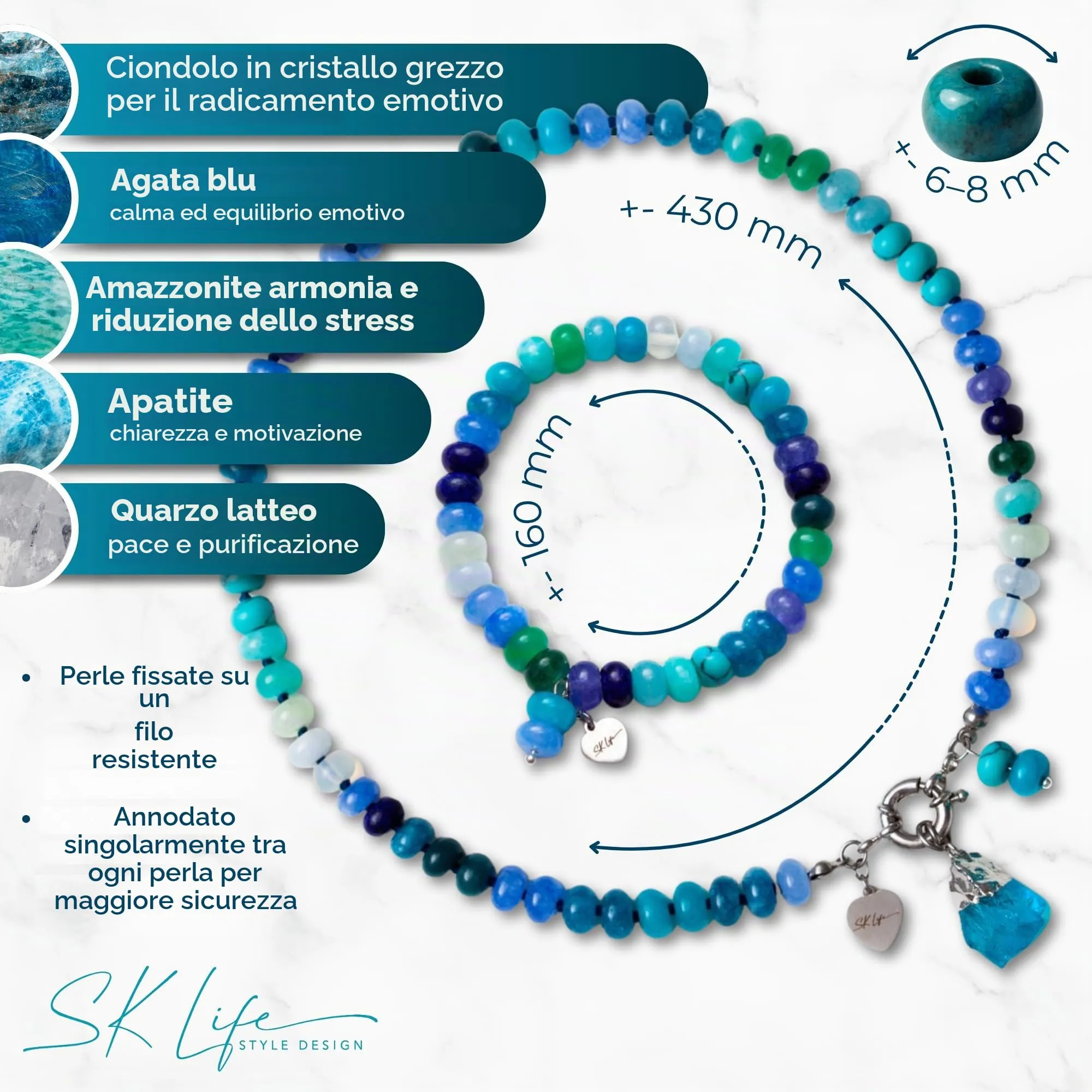 SKLife style design Set Gioielli Donna - Collana e Bracciale in Pietre Naturali Blu e Turchese, Stile Boho Artigianale - immagine 5