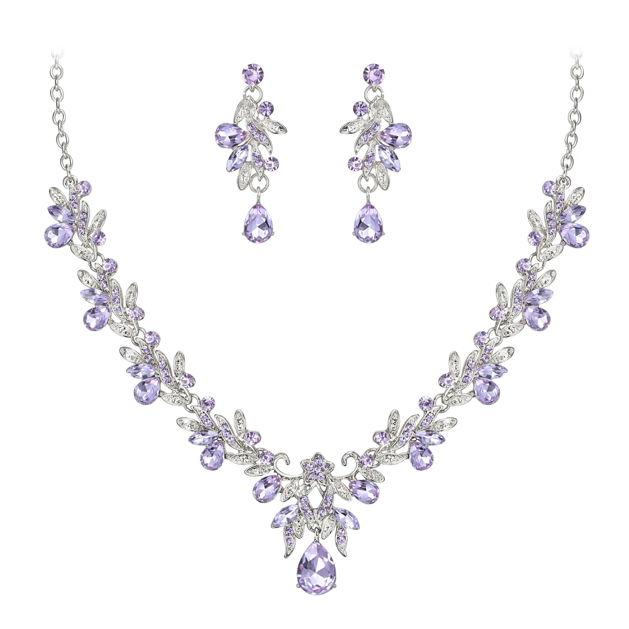 Clearine Set di gioielli con cristalli, strass e foglie, collana con ciondolo e orecchini, argento chiaro, Petite - immagine 1