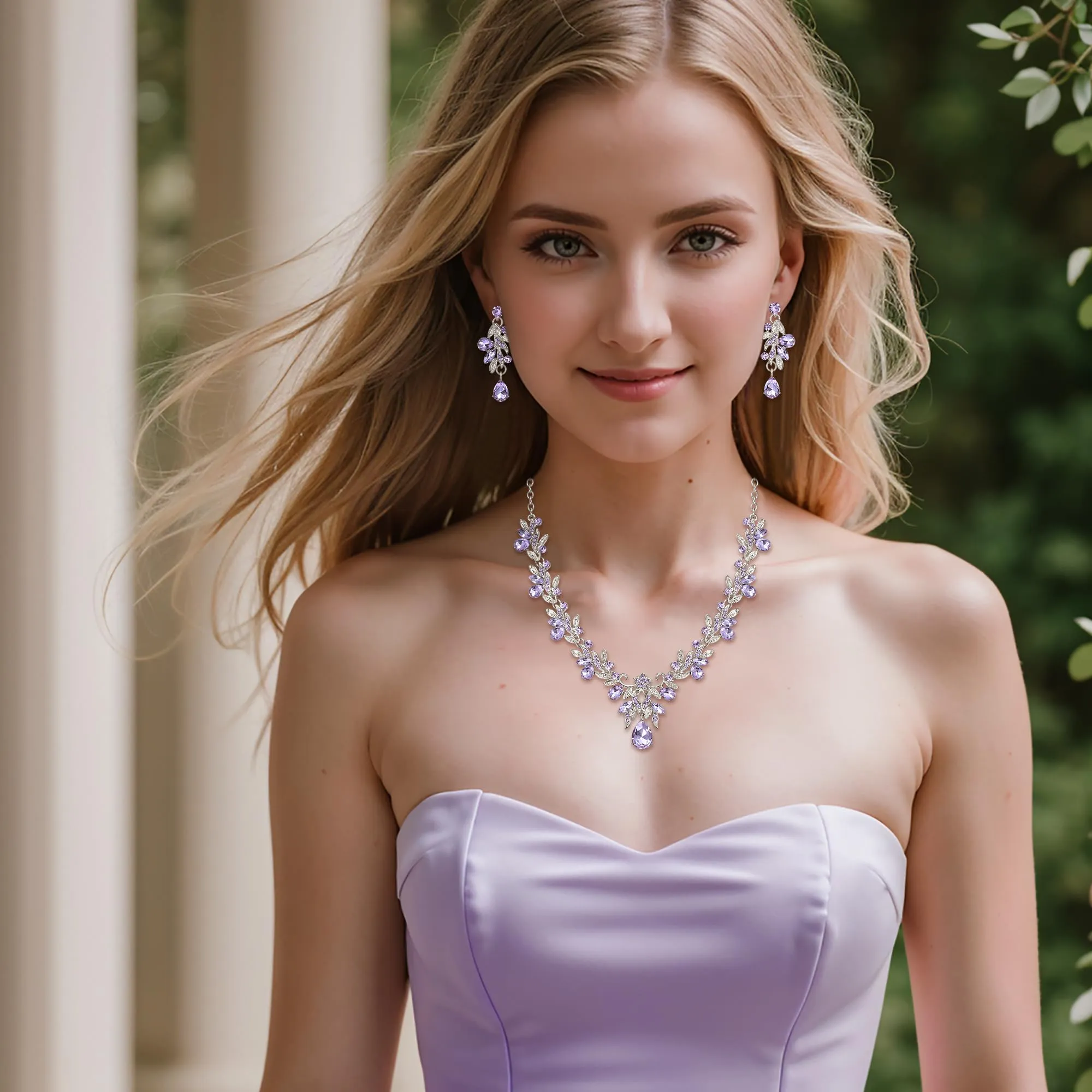 Clearine Set di gioielli con cristalli, strass e foglie, collana con ciondolo e orecchini, argento chiaro, Petite - immagine 3