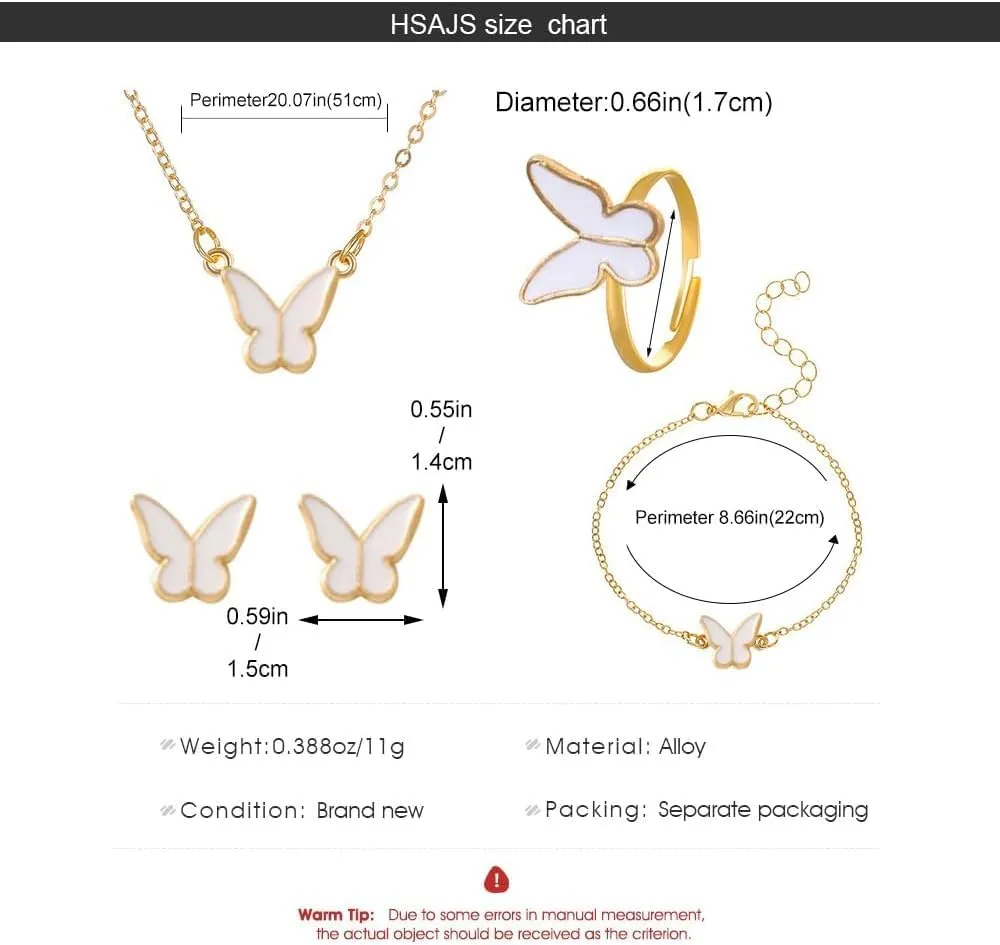 BWOOOWE Parure Gioielli Farfalla 4 Pezzi con Collana, Orecchini, Bracciale e Anello (Bianco) - immagine 2