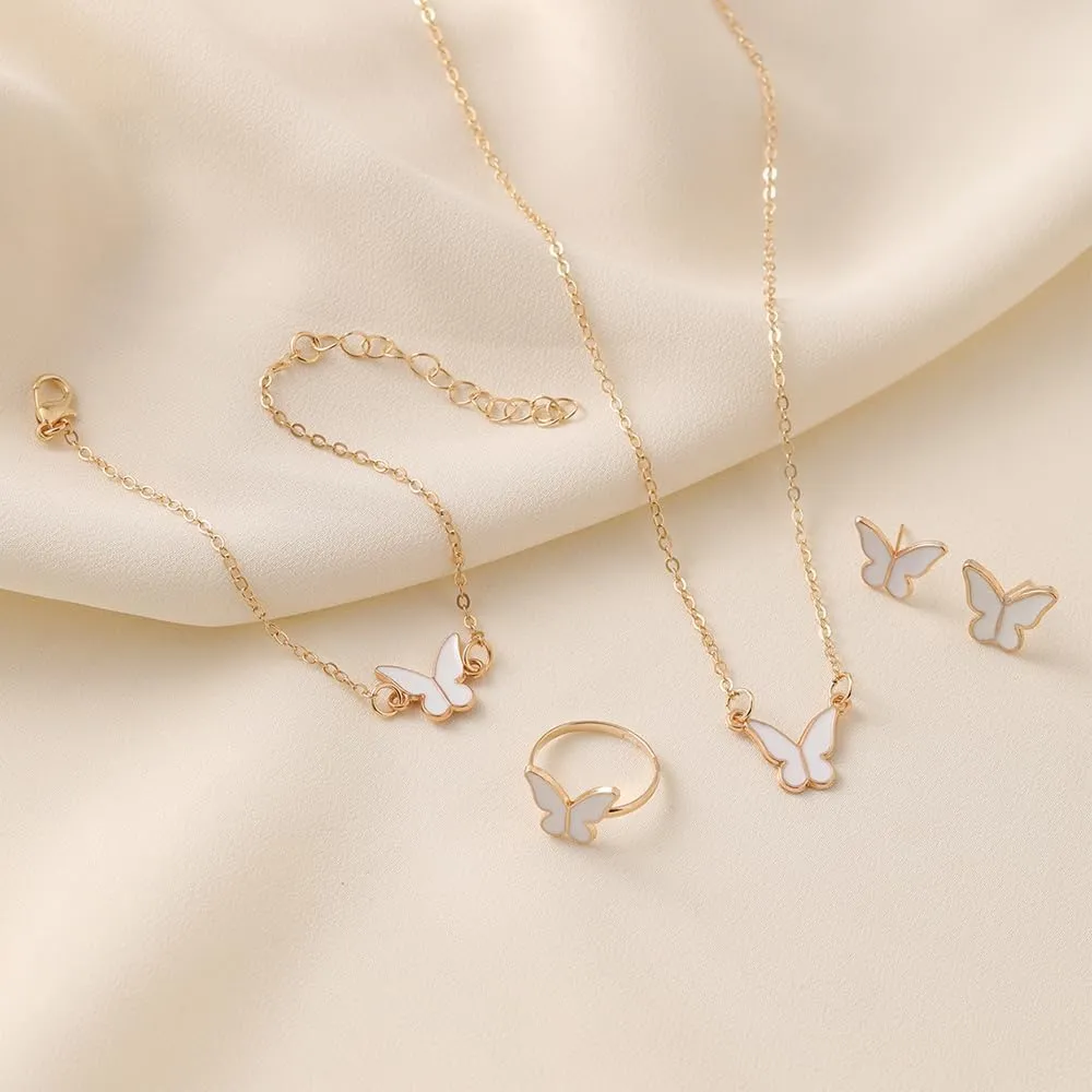 BWOOOWE Parure Gioielli Farfalla 4 Pezzi con Collana, Orecchini, Bracciale e Anello (Bianco) - immagine 4