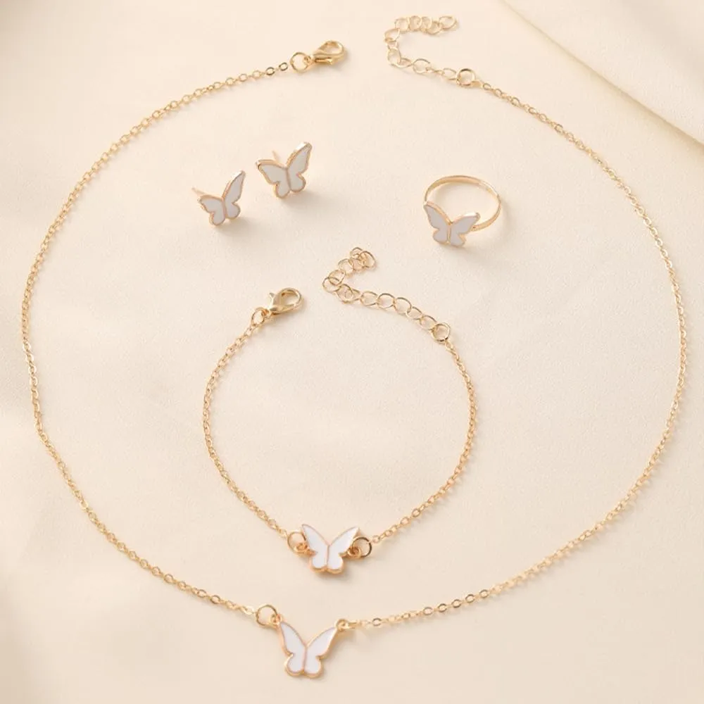 BWOOOWE Parure Gioielli Farfalla 4 Pezzi con Collana, Orecchini, Bracciale e Anello (Bianco) - immagine 5