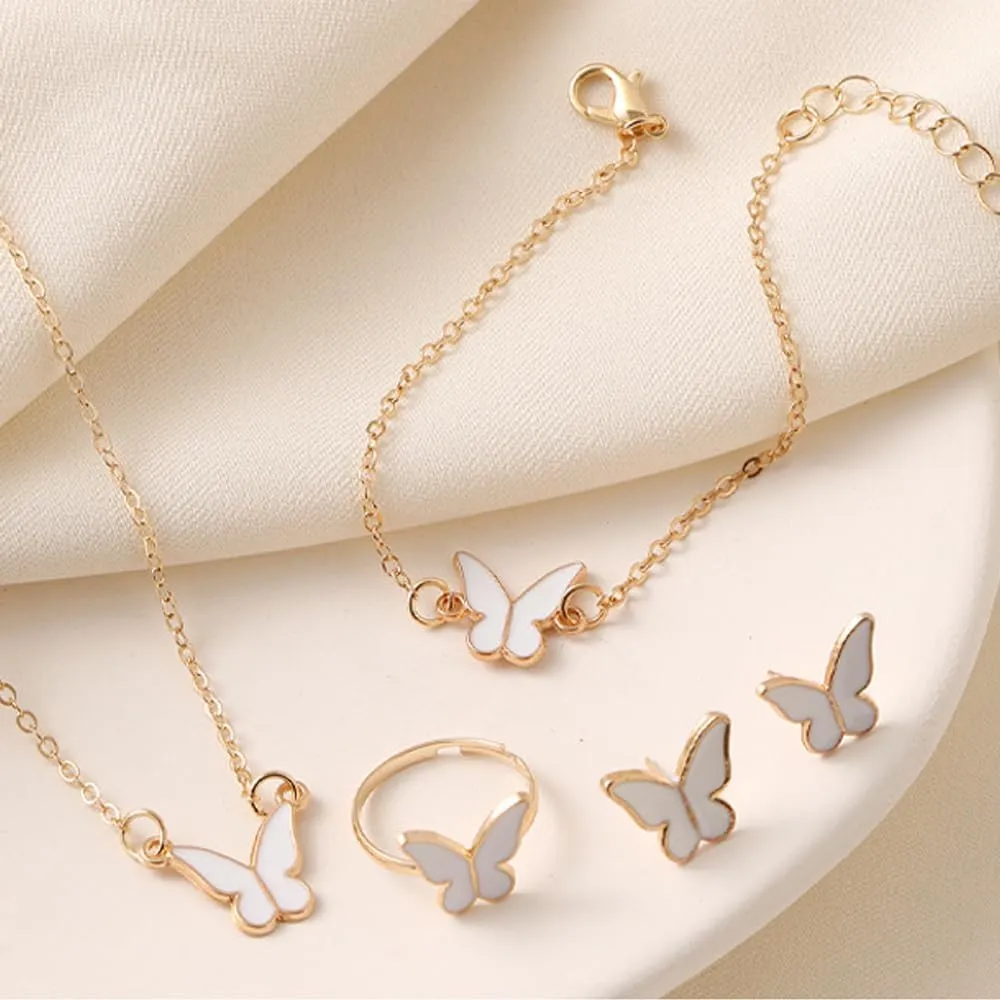 BWOOOWE Parure Gioielli Farfalla 4 Pezzi con Collana, Orecchini, Bracciale e Anello (Bianco) - immagine 6