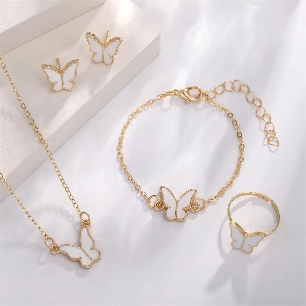 BWOOOWE Parure Gioielli Farfalla 4 Pezzi con Collana, Orecchini, Bracciale e Anello (Bianco) - immagine 7