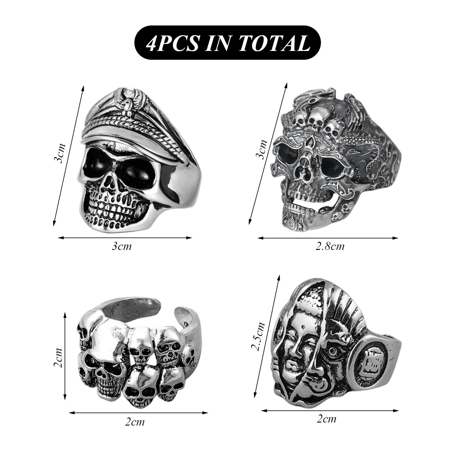 COACOM Set di 4 Anelli con Teschio in Argento, Stile Retrò Hip Hop, Unisex - immagine 2