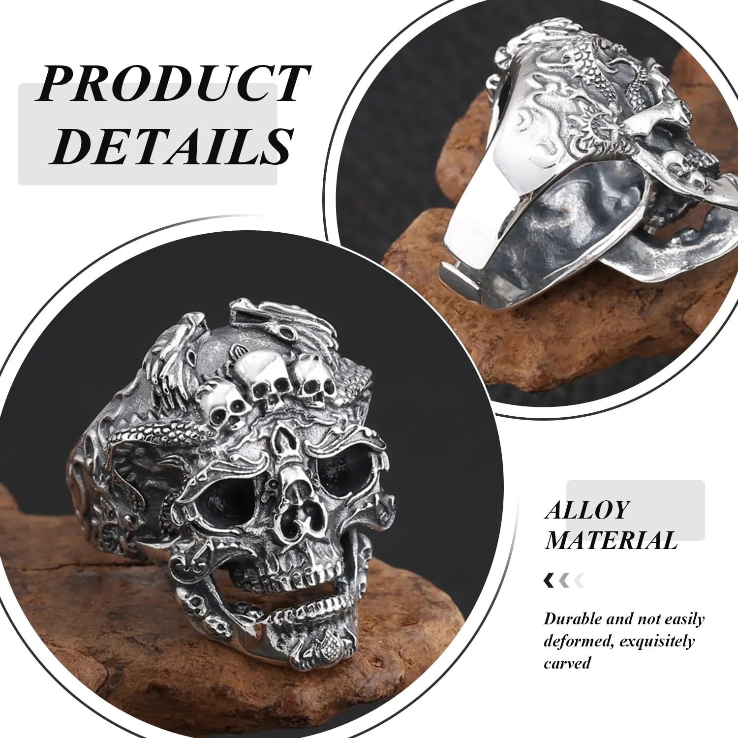 COACOM Set di 4 Anelli con Teschio in Argento, Stile Retrò Hip Hop, Unisex - immagine 3