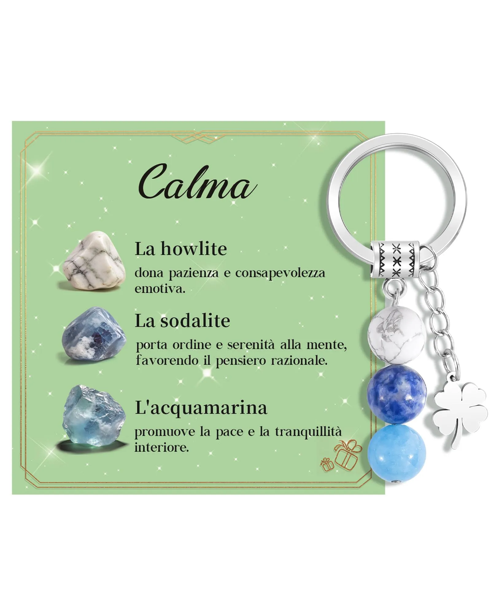 CheersLife Portachiavi Personalizzato con Cristalli Naturali Howlite, Sodalite e Acquamarina - immagine 1
