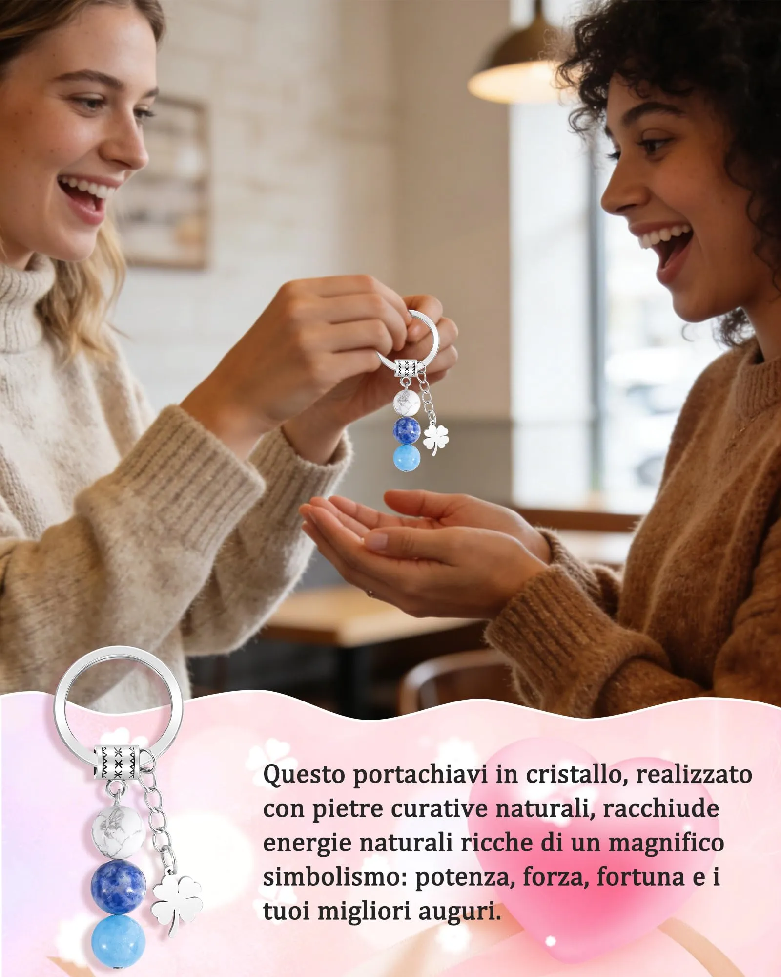 CheersLife Portachiavi Personalizzato con Cristalli Naturali Howlite, Sodalite e Acquamarina - immagine 2