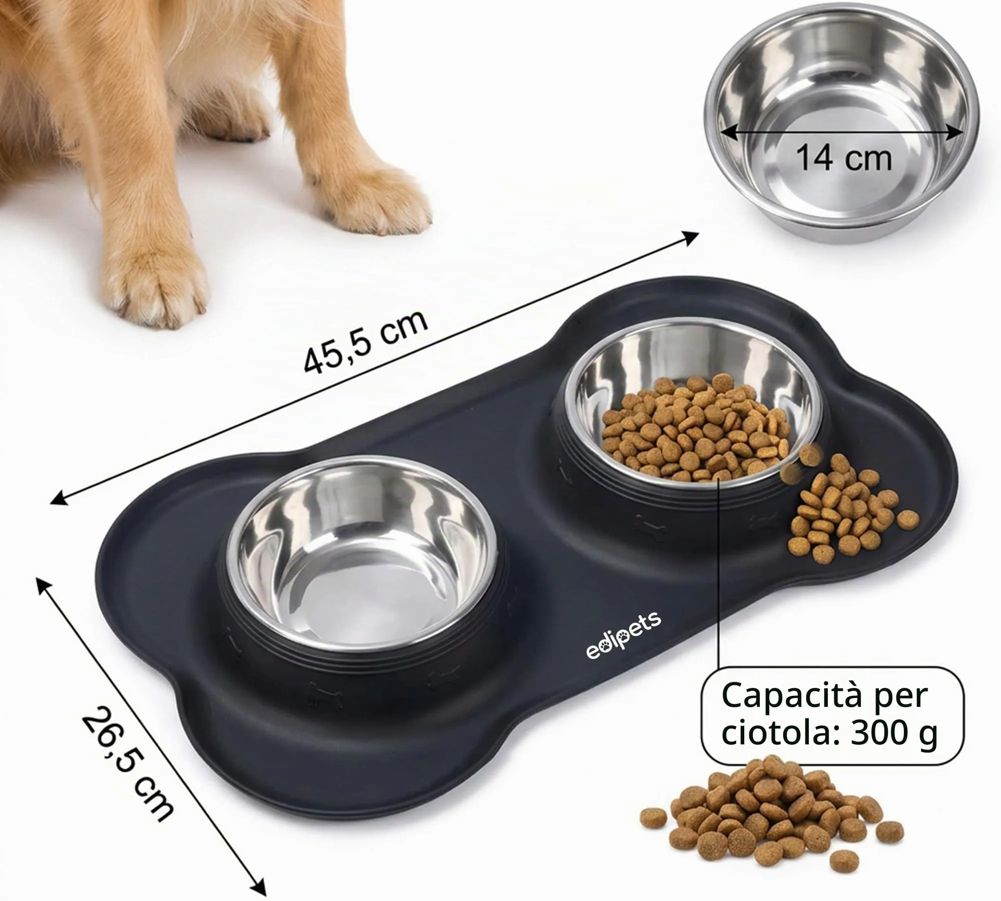 Edipets Ciotole per Cani e Gatti con Doppio Piatto Estraibile in Acciaio Inox e Base in Silicone Antiscivolo, Nero, 480g - immagine 2
