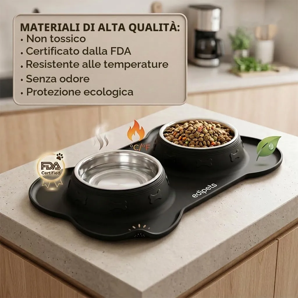 Edipets Ciotole per Cani e Gatti con Doppio Piatto Estraibile in Acciaio Inox e Base in Silicone Antiscivolo, Nero, 480g - immagine 3