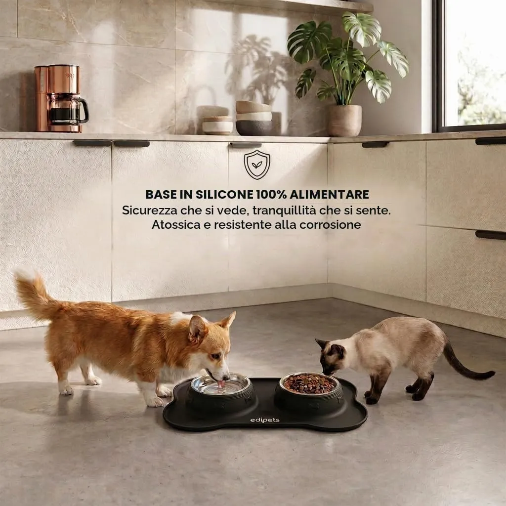 Edipets Ciotole per Cani e Gatti con Doppio Piatto Estraibile in Acciaio Inox e Base in Silicone Antiscivolo, Nero, 480g - immagine 4