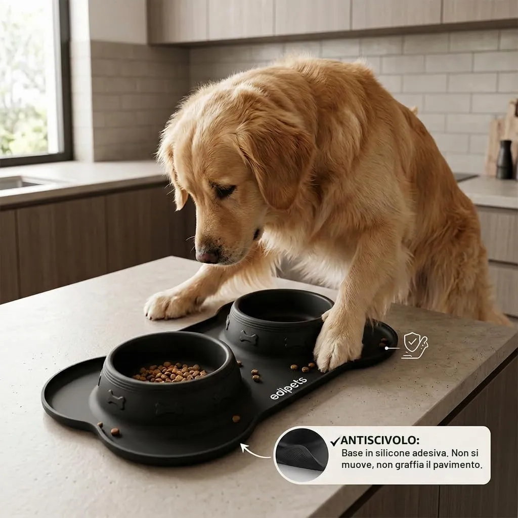 Edipets Ciotole per Cani e Gatti con Doppio Piatto Estraibile in Acciaio Inox e Base in Silicone Antiscivolo, Nero, 480g - immagine 5