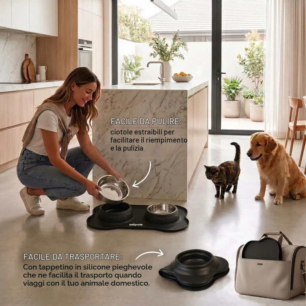 Edipets Ciotole per Cani e Gatti con Doppio Piatto Estraibile in Acciaio Inox e Base in Silicone Antiscivolo, Nero, 480g - immagine 6
