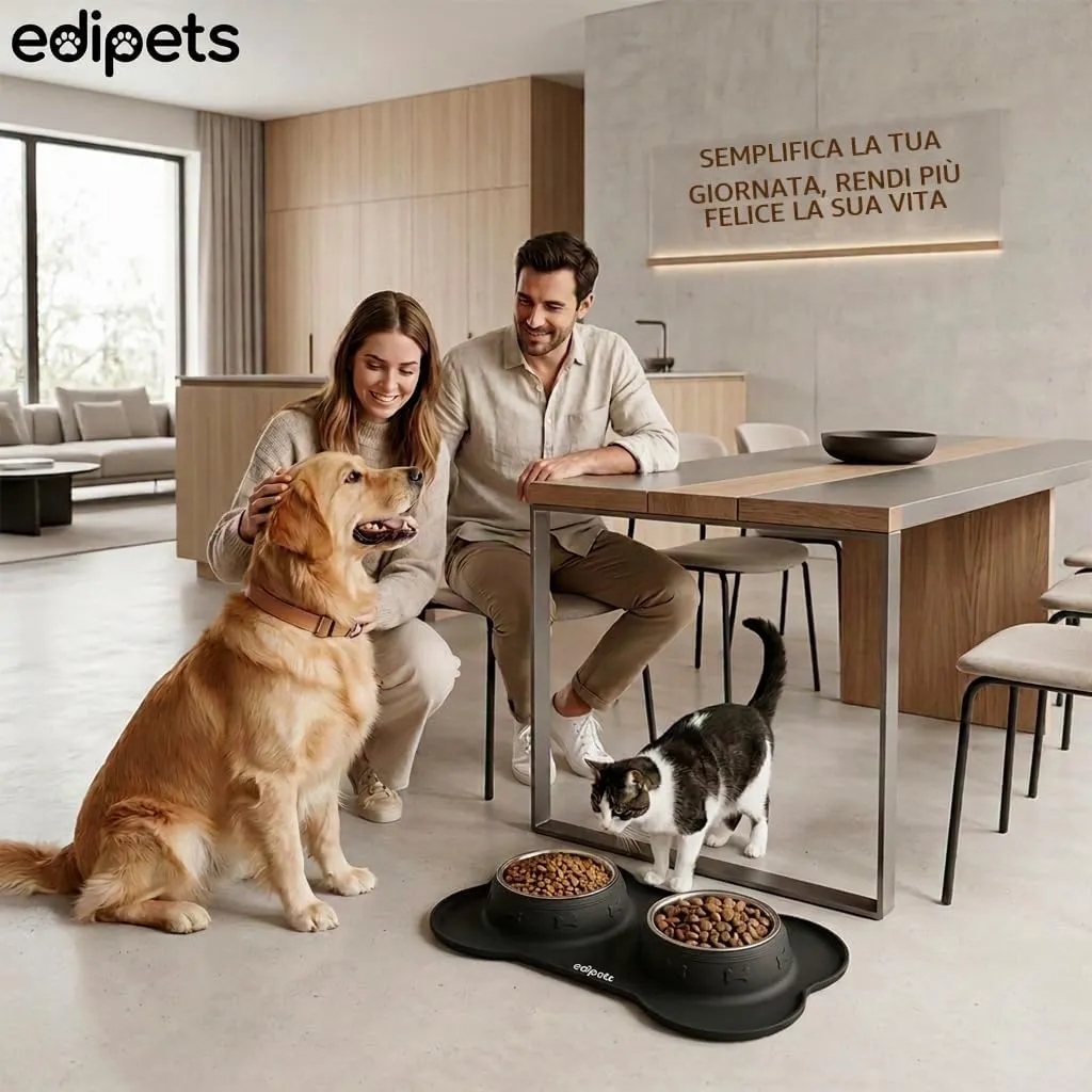 Edipets Ciotole per Cani e Gatti con Doppio Piatto Estraibile in Acciaio Inox e Base in Silicone Antiscivolo, Nero, 480g - immagine 7