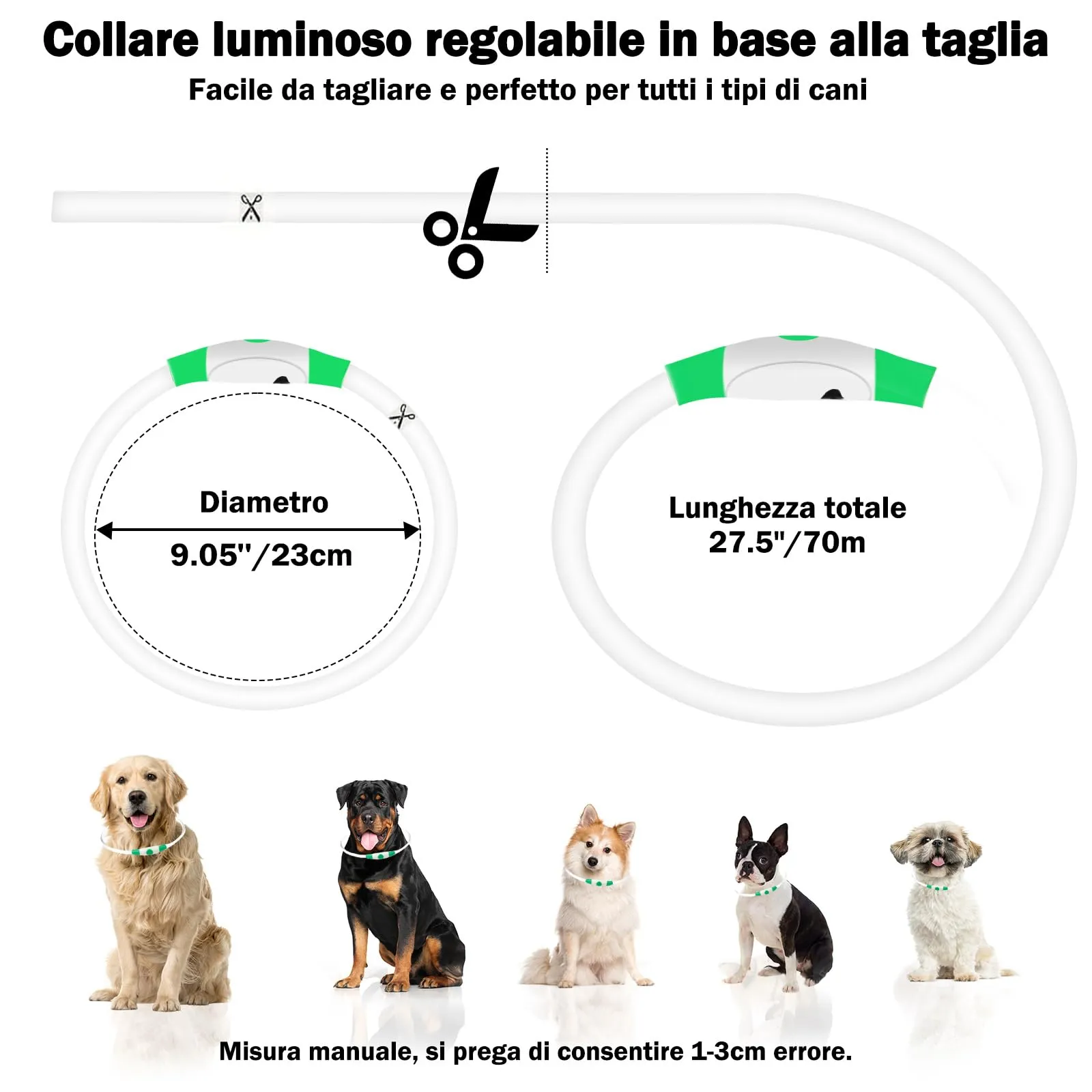Nepfaivy Collare Luminoso a LED per Cani, Ricaricabile, Impermeabile e Regolabile, 3 Modalità di Lampeggio, Verde, XL (70cm) - immagine 2