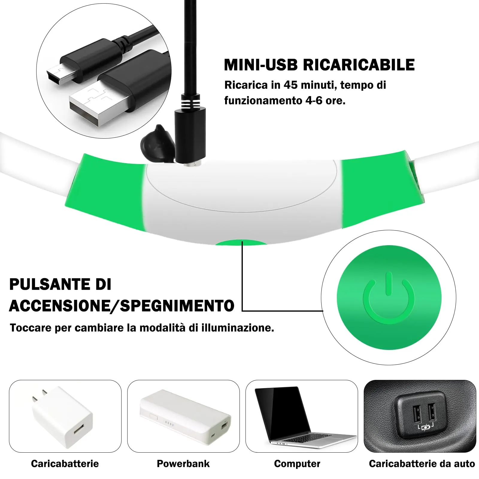 Nepfaivy Collare Luminoso a LED per Cani, Ricaricabile, Impermeabile e Regolabile, 3 Modalità di Lampeggio, Verde, XL (70cm) - immagine 3