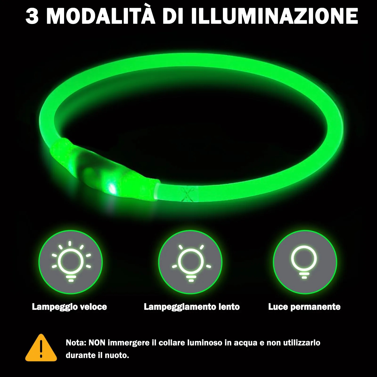 Nepfaivy Collare Luminoso a LED per Cani, Ricaricabile, Impermeabile e Regolabile, 3 Modalità di Lampeggio, Verde, XL (70cm) - immagine 4