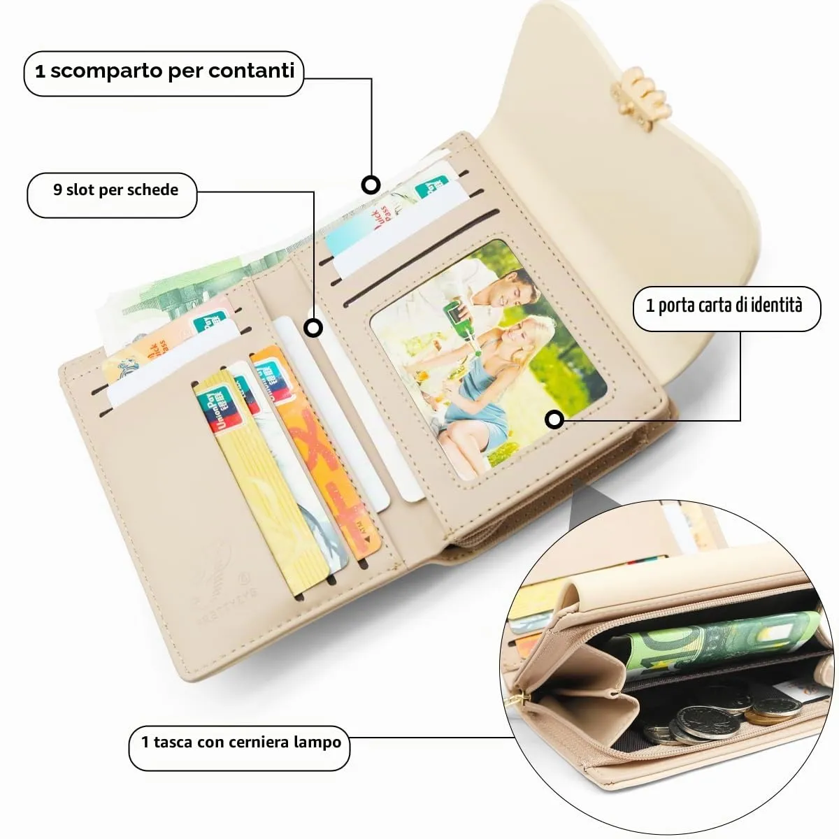 REETEE Portafoglio Donna in Pelle PU Slim, Formato Corto con Cerniera Portamonete e 10 Porta Carte (Albicocca) - immagine 2