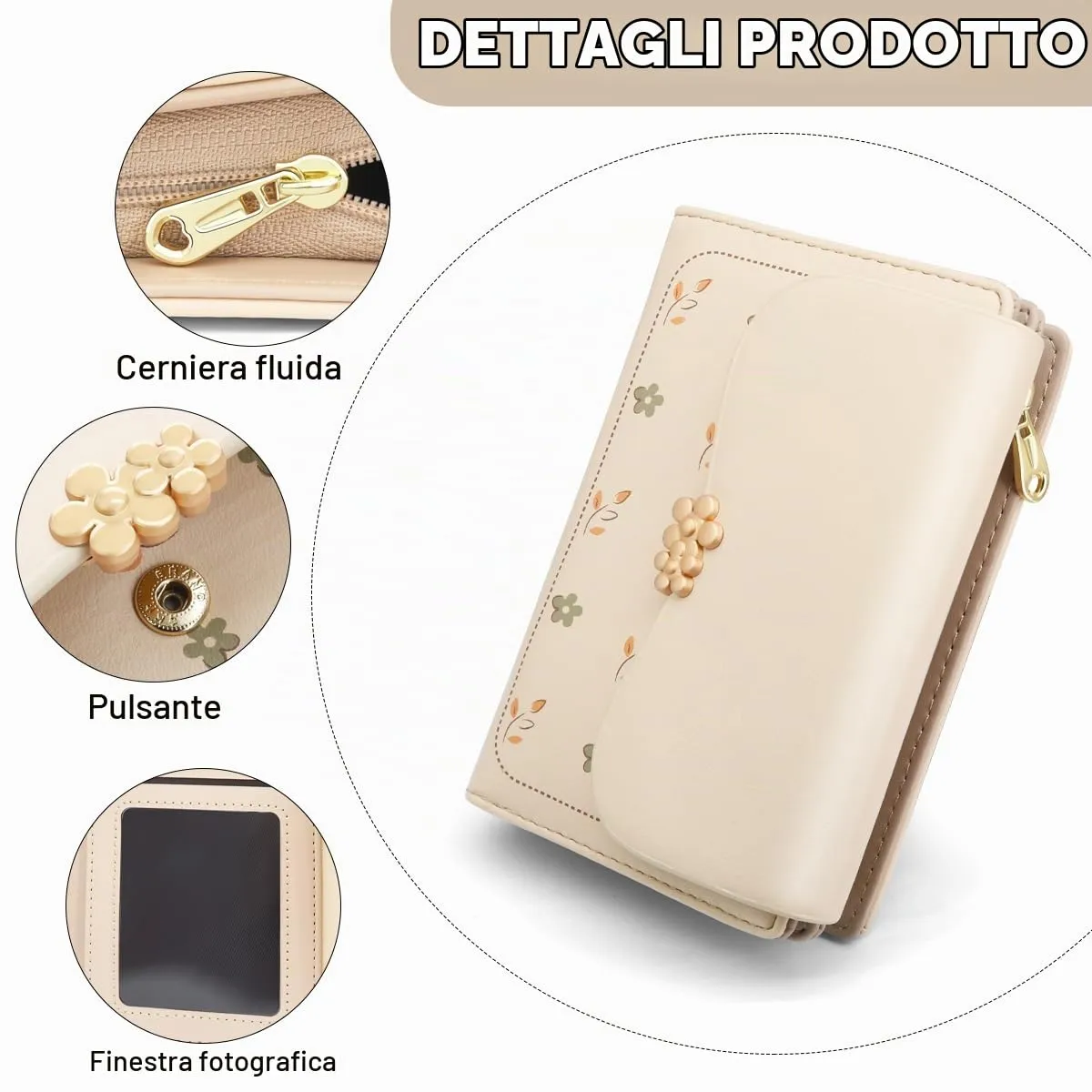 REETEE Portafoglio Donna in Pelle PU Slim, Formato Corto con Cerniera Portamonete e 10 Porta Carte (Albicocca) - immagine 3