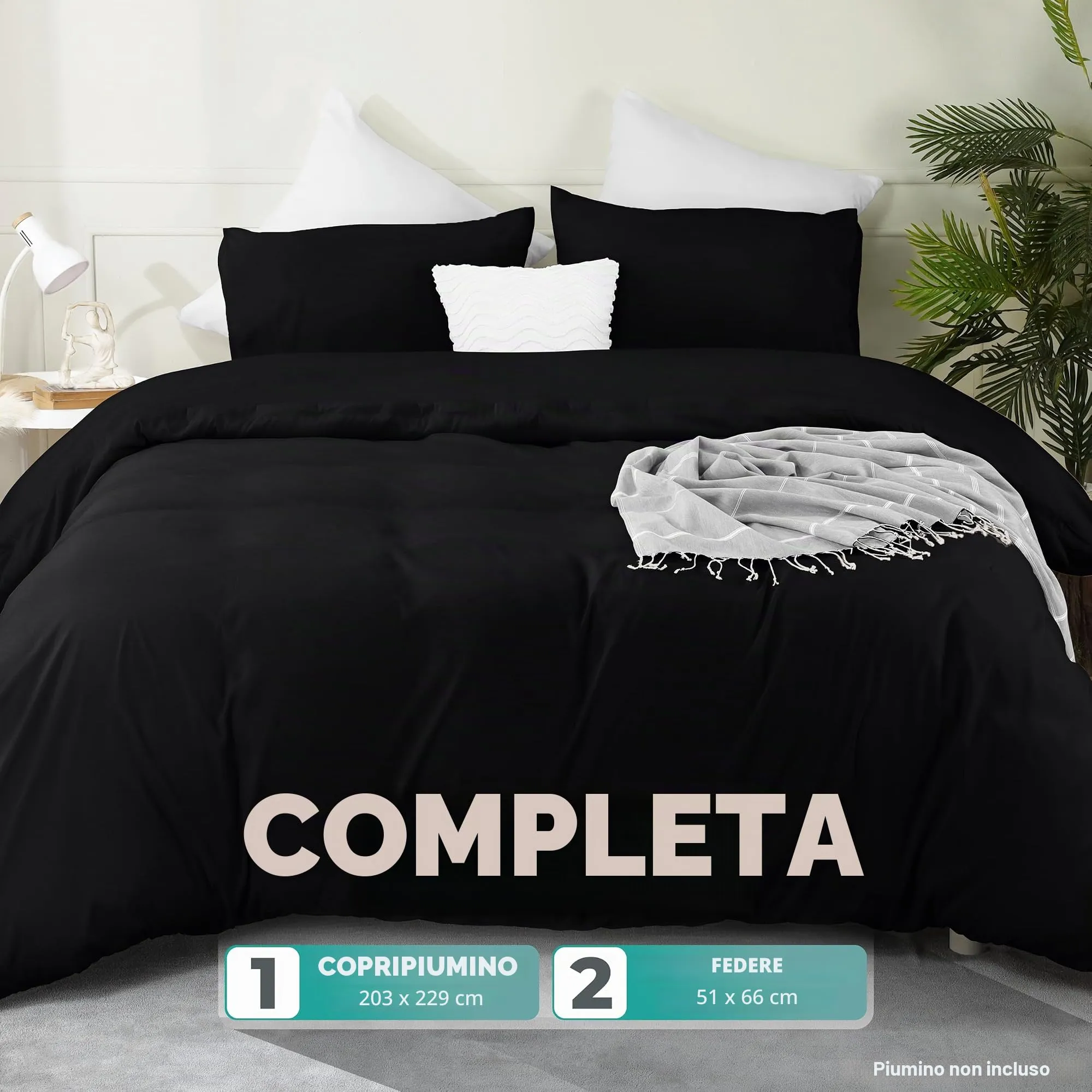Utopia Bedding Set Copripiumino in Microfibra di Poliestere con Federe, 200 x 220 cm, Nero - immagine 2
