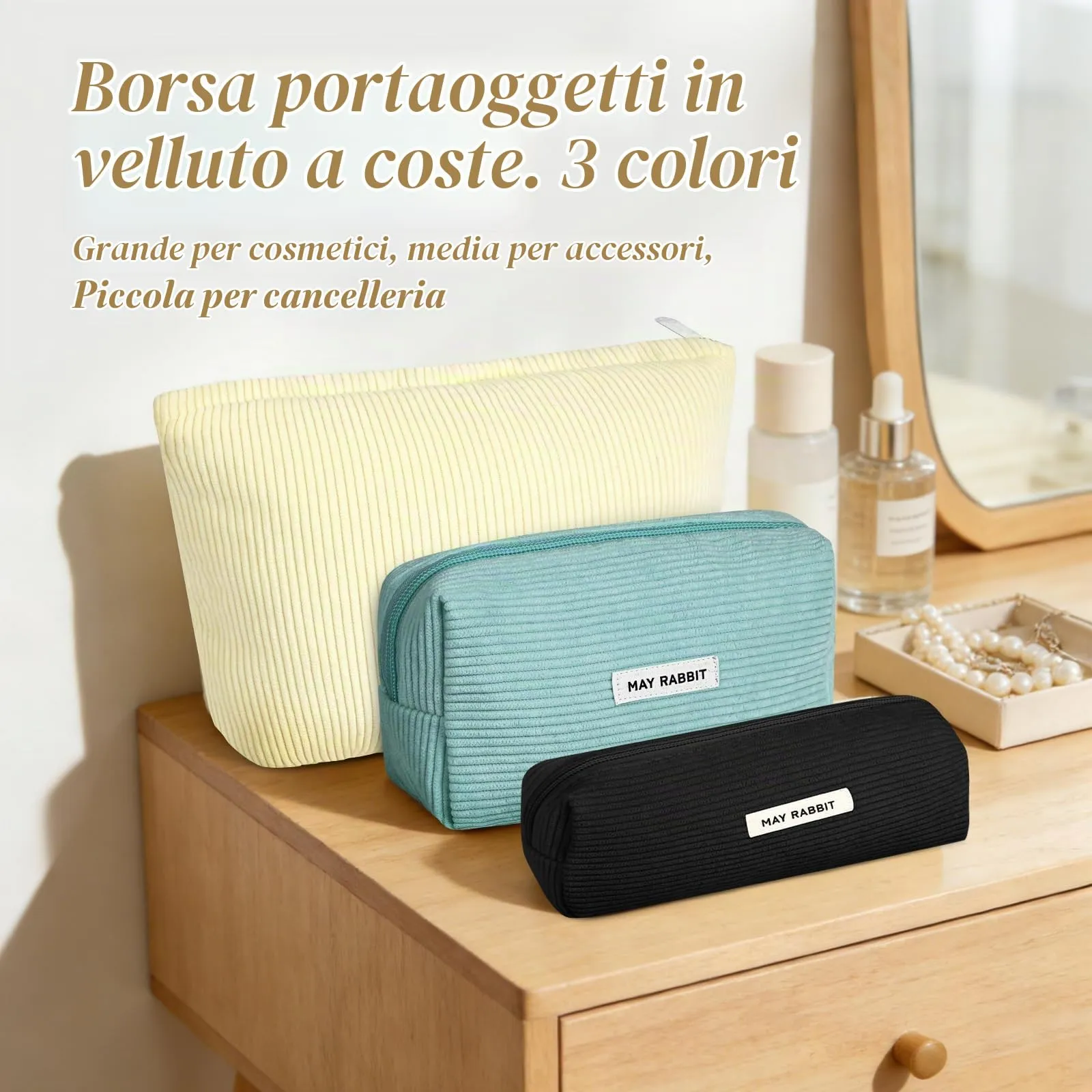 Aucuu Beauty Case in Velluto a Costine, Set di 3 Borse per Trucco e Toilette da Viaggio, Organizer Makeup Bag - immagine 5