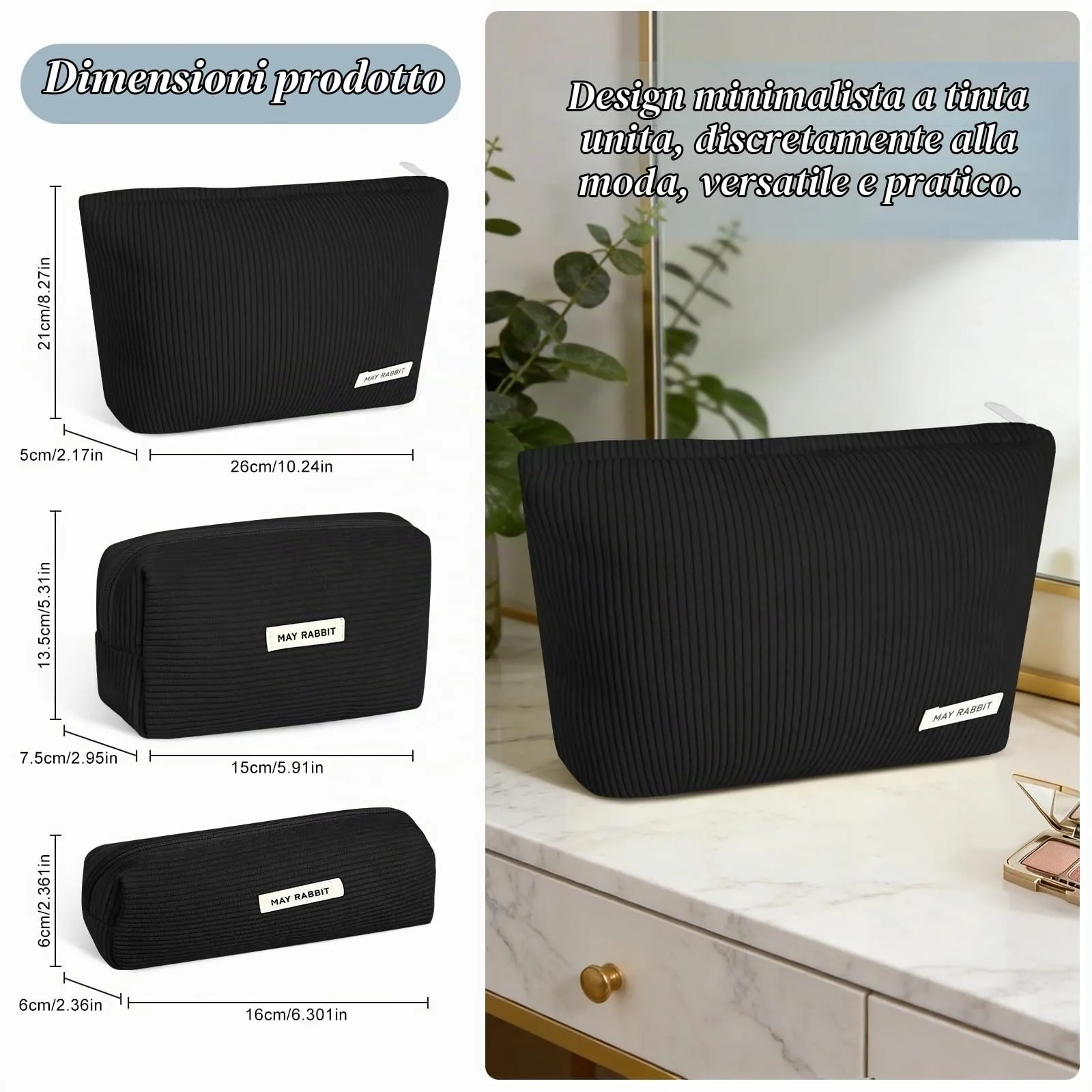 Aucuu Beauty Case in Velluto a Coste, Set di 3 Pezzi Organizer per Trucco e Viaggio - immagine 3