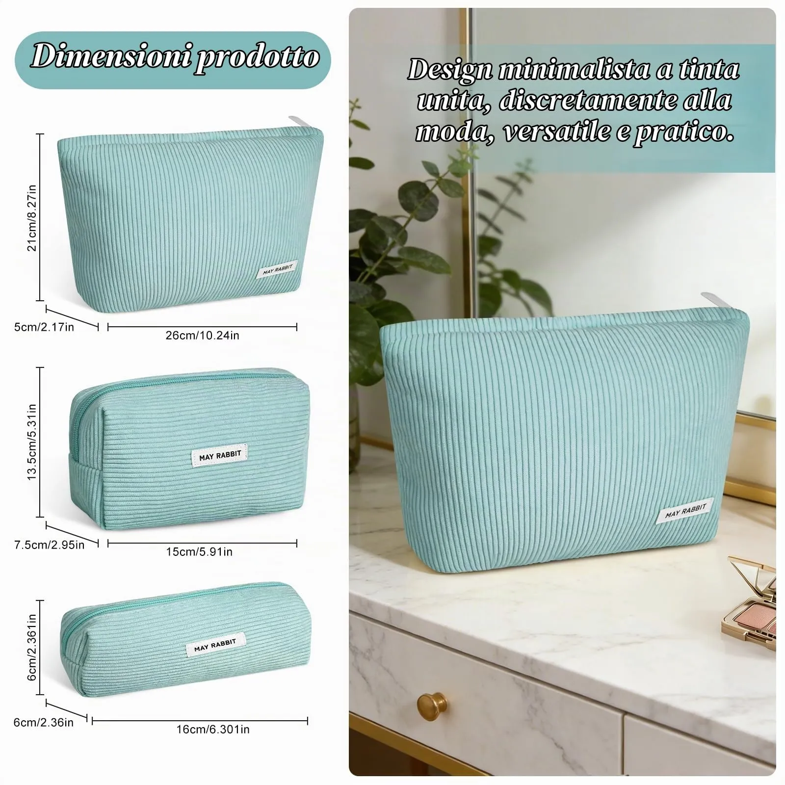 Aucuu Beauty Case in Velluto a Coste, Set di 3 Pezzi Organizzatore per Trucco e Viaggio - immagine 3