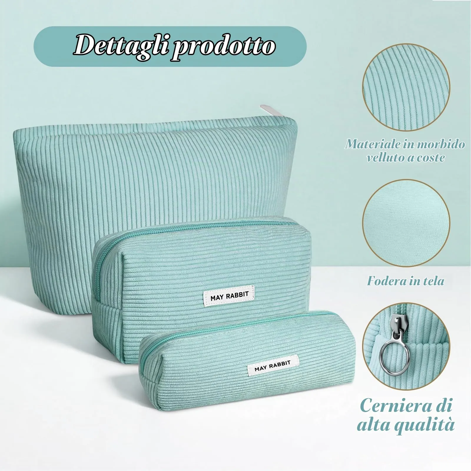 Aucuu Beauty Case in Velluto a Coste, Set di 3 Pezzi Organizzatore per Trucco e Viaggio - immagine 4