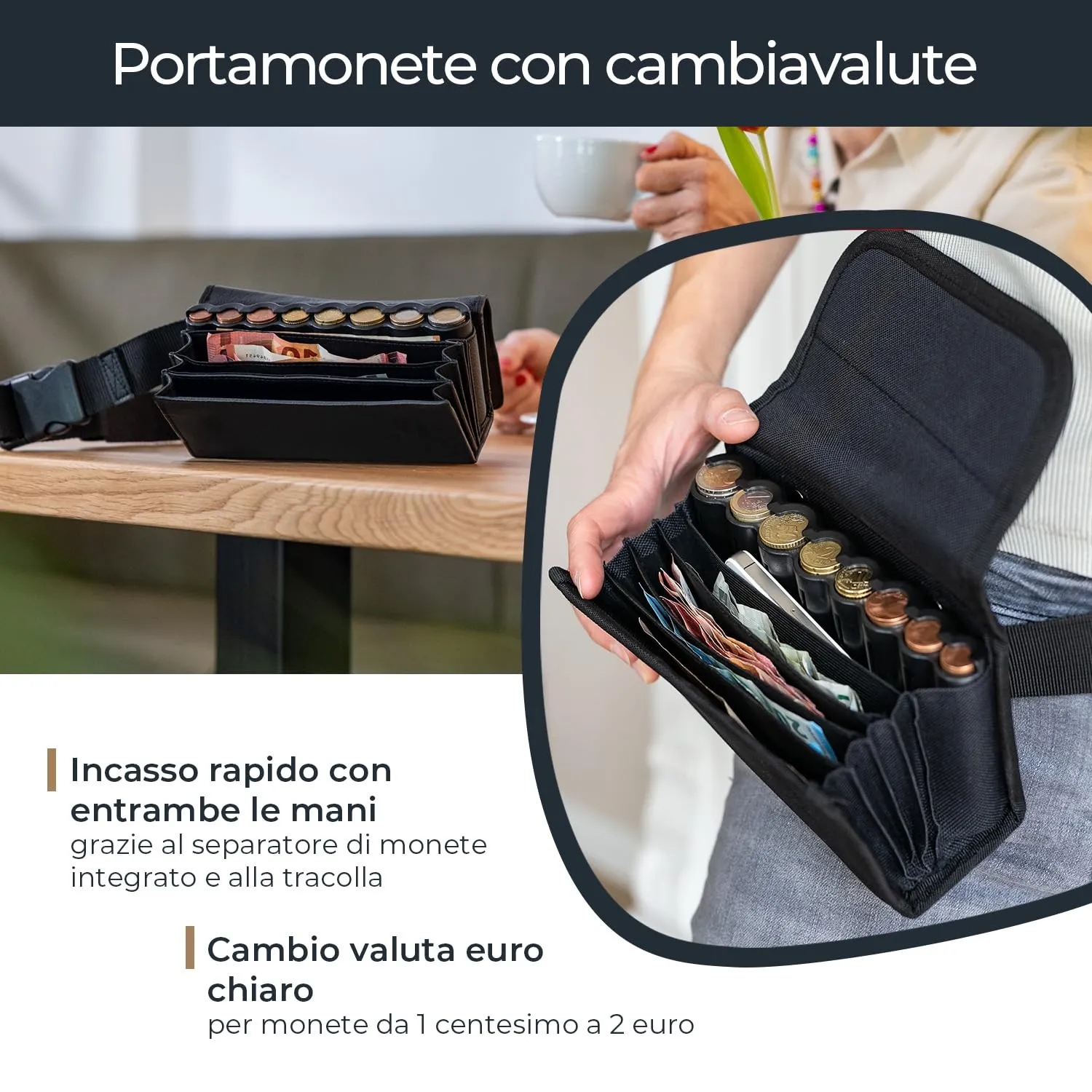 HMF Portafoglio da cameriere con cintura regolabile e cambiamonete in euro, 20,5 x 10 x 6,5 cm, Nero - immagine 2