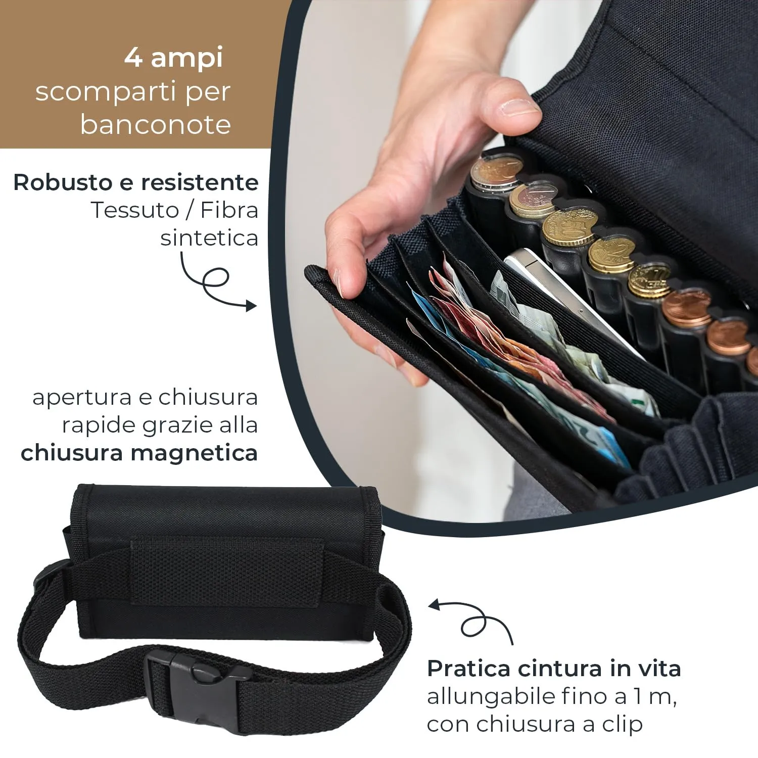 HMF Portafoglio da cameriere con cintura regolabile e cambiamonete in euro, 20,5 x 10 x 6,5 cm, Nero - immagine 4
