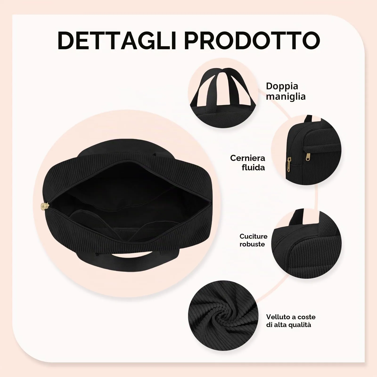 Aucuu Borsa Cosmetica in Velluto a Coste, Beauty Case da Viaggio con Tasca Esterna e Organizzatore Interno, 25x17x9cm - immagine 3