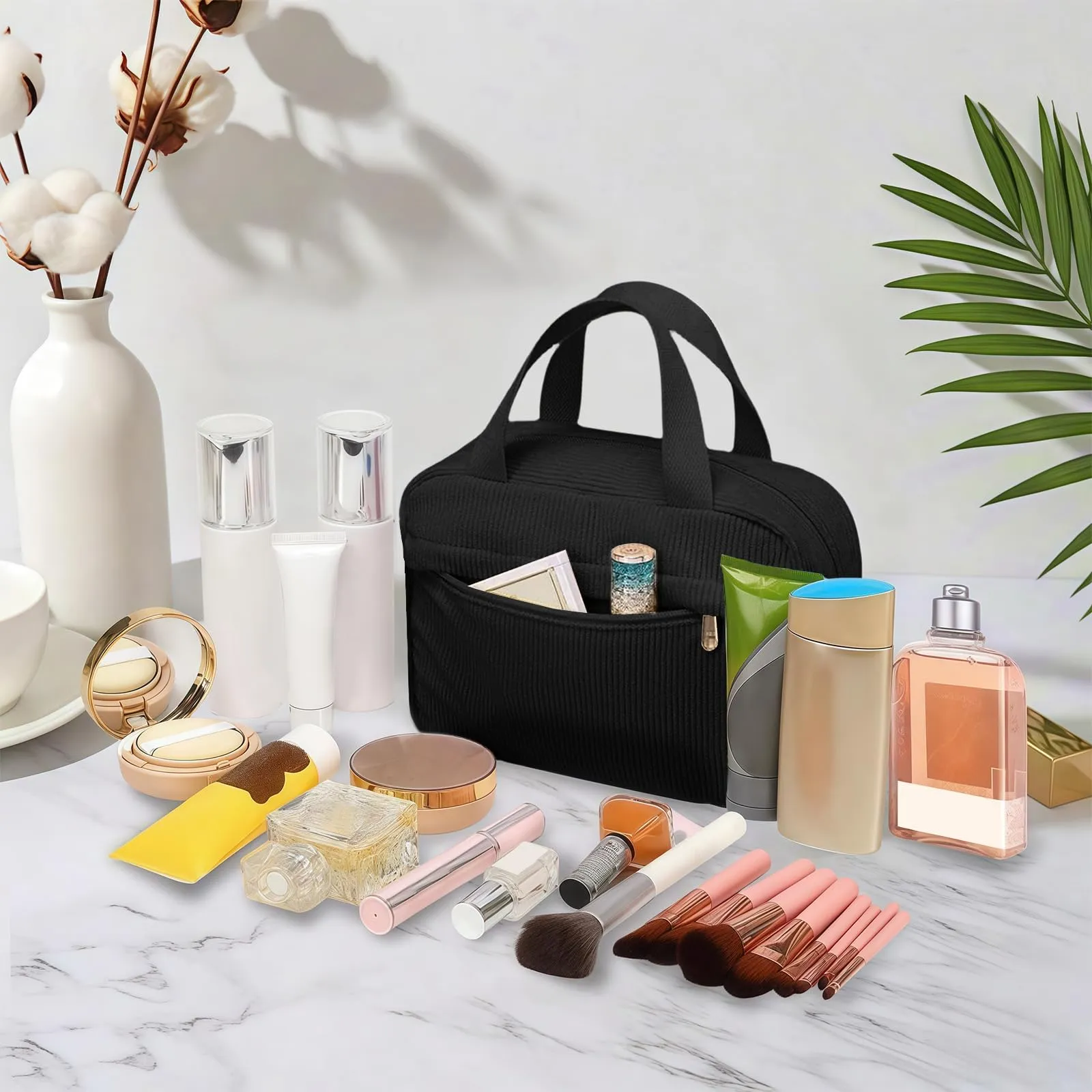 Aucuu Borsa Cosmetica in Velluto a Coste, Beauty Case da Viaggio con Tasca Esterna e Organizzatore Interno, 25x17x9cm - immagine 4
