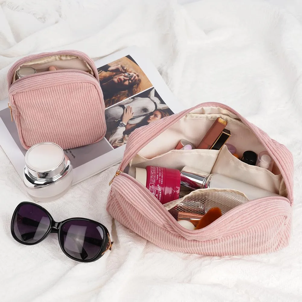 Aucuu Beauty Case da Viaggio Donna, 2 Pezzi Borsa Cosmetica in Velluto a Coste - immagine 2