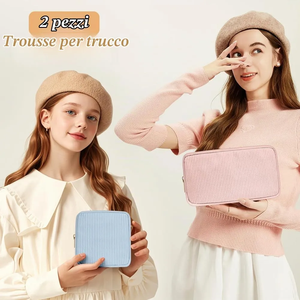 Aucuu Beauty Case da Viaggio Donna, 2 Pezzi Borsa Cosmetica in Velluto a Coste - immagine 6
