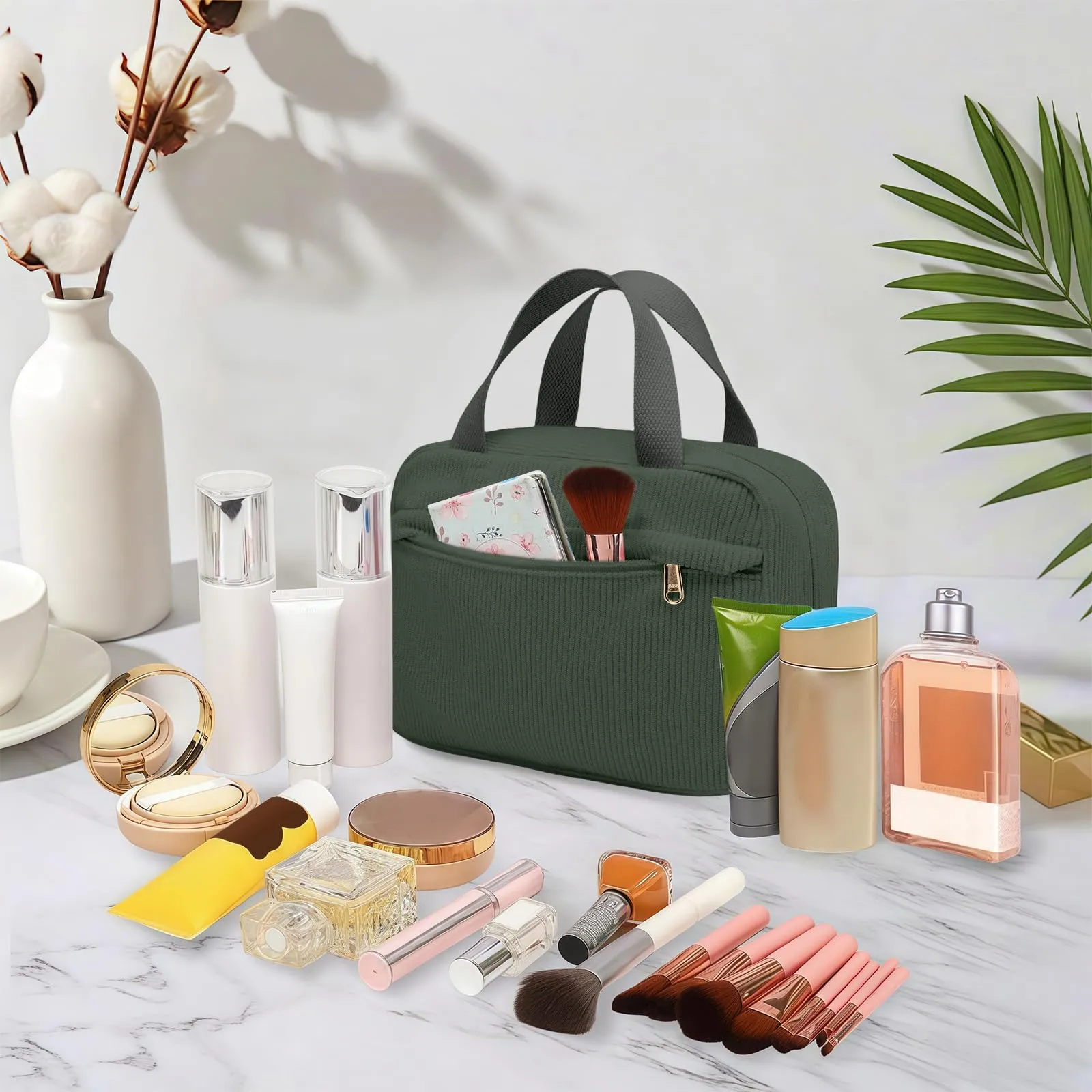 Aucuu Borsa Cosmetica in Velluto a Coste, Beauty Case da Viaggio con Tasca Esterna, 25x17x9 cm - immagine 3