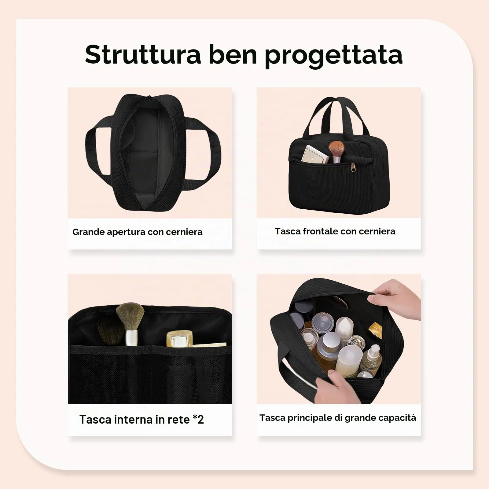 Aucuu Borsa Cosmetica in Velluto a Coste, Beauty Case da Viaggio con Tasca Esterna, 25x17x9 cm - immagine 6