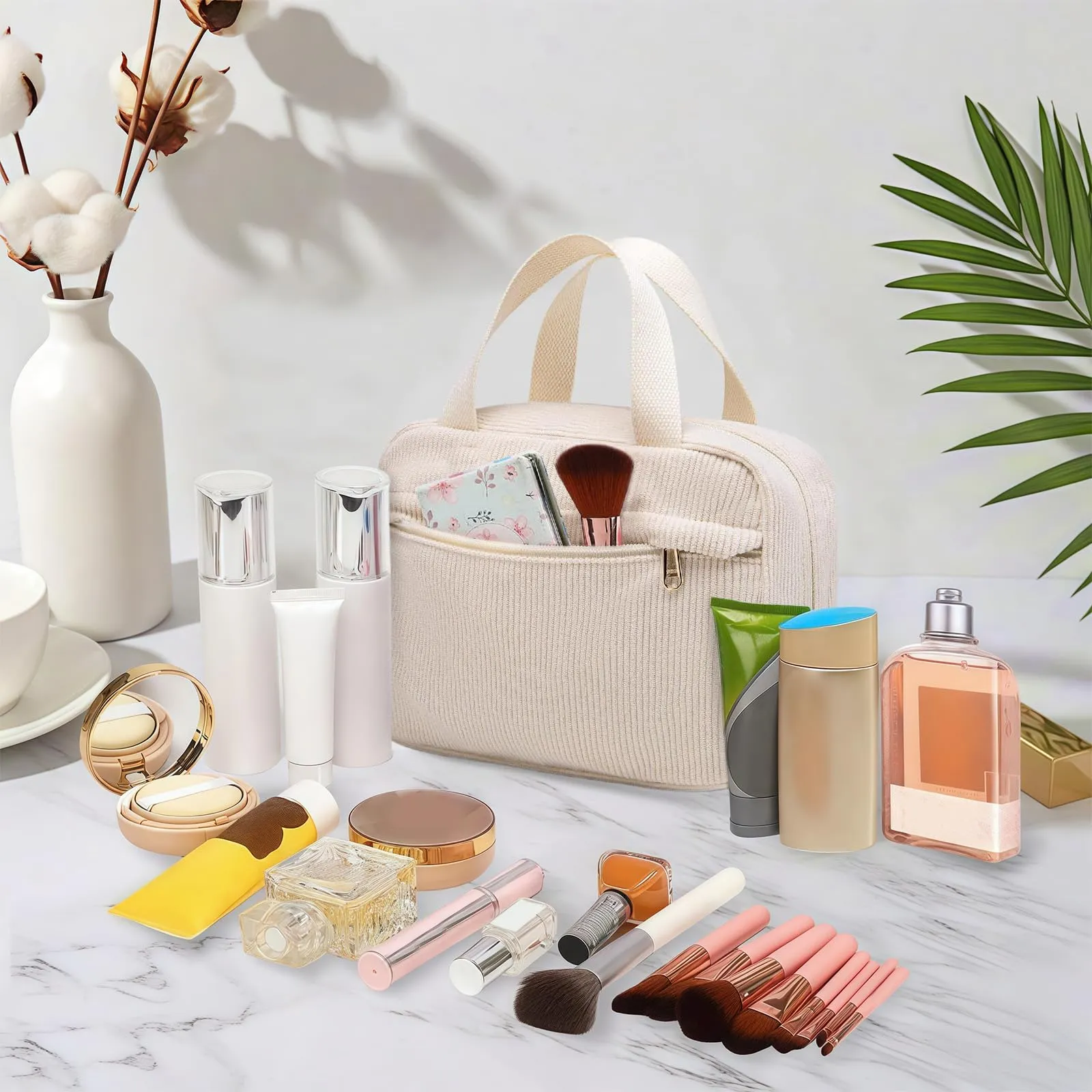 Aucuu Borsa Cosmetica in Velluto a Coste, Beauty Case da Viaggio Organizer per Trucchi, 25x17x9 cm - immagine 4