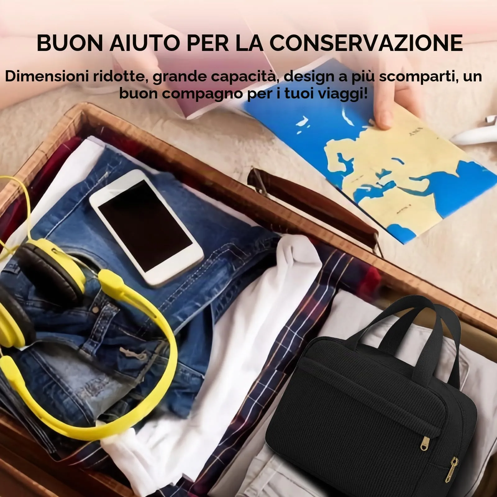 Aucuu Borsa Cosmetica in Velluto a Coste, Beauty Case da Viaggio Organizer per Trucchi, 25x17x9 cm - immagine 7