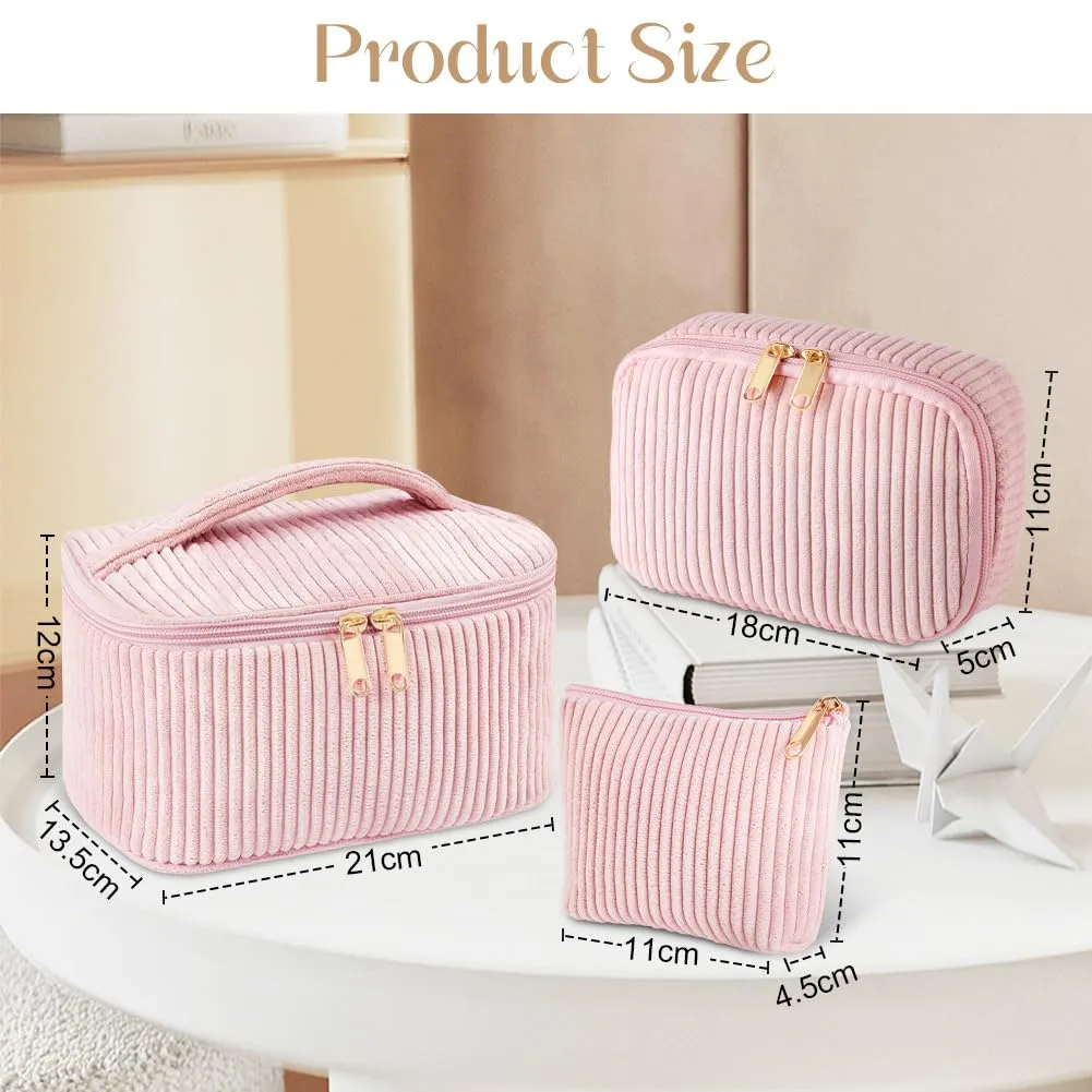 Aucuu Beauty Case, Set di 3 Borse da Toilette in Velluto a Costine, Organizer per Trucco da Viaggio - immagine 2