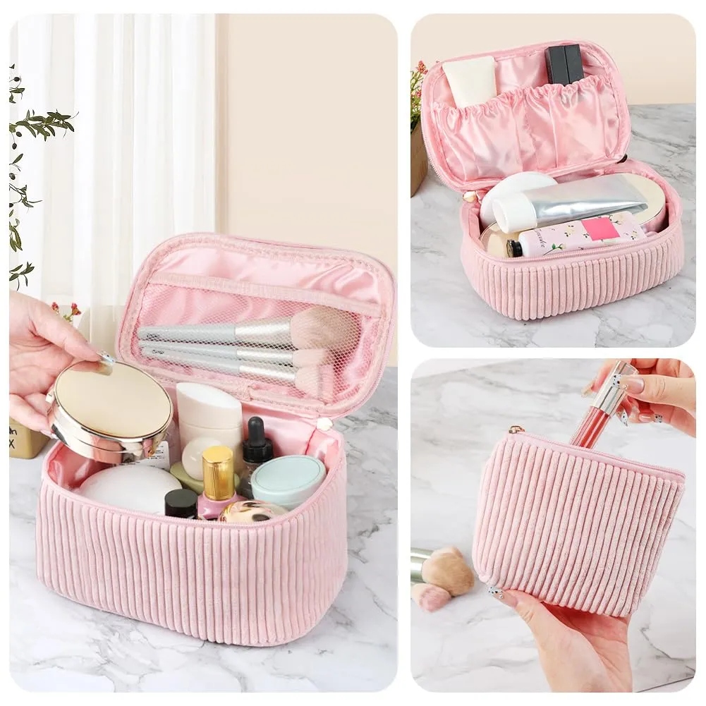 Aucuu Beauty Case, Set di 3 Borse da Toilette in Velluto a Costine, Organizer per Trucco da Viaggio - immagine 3