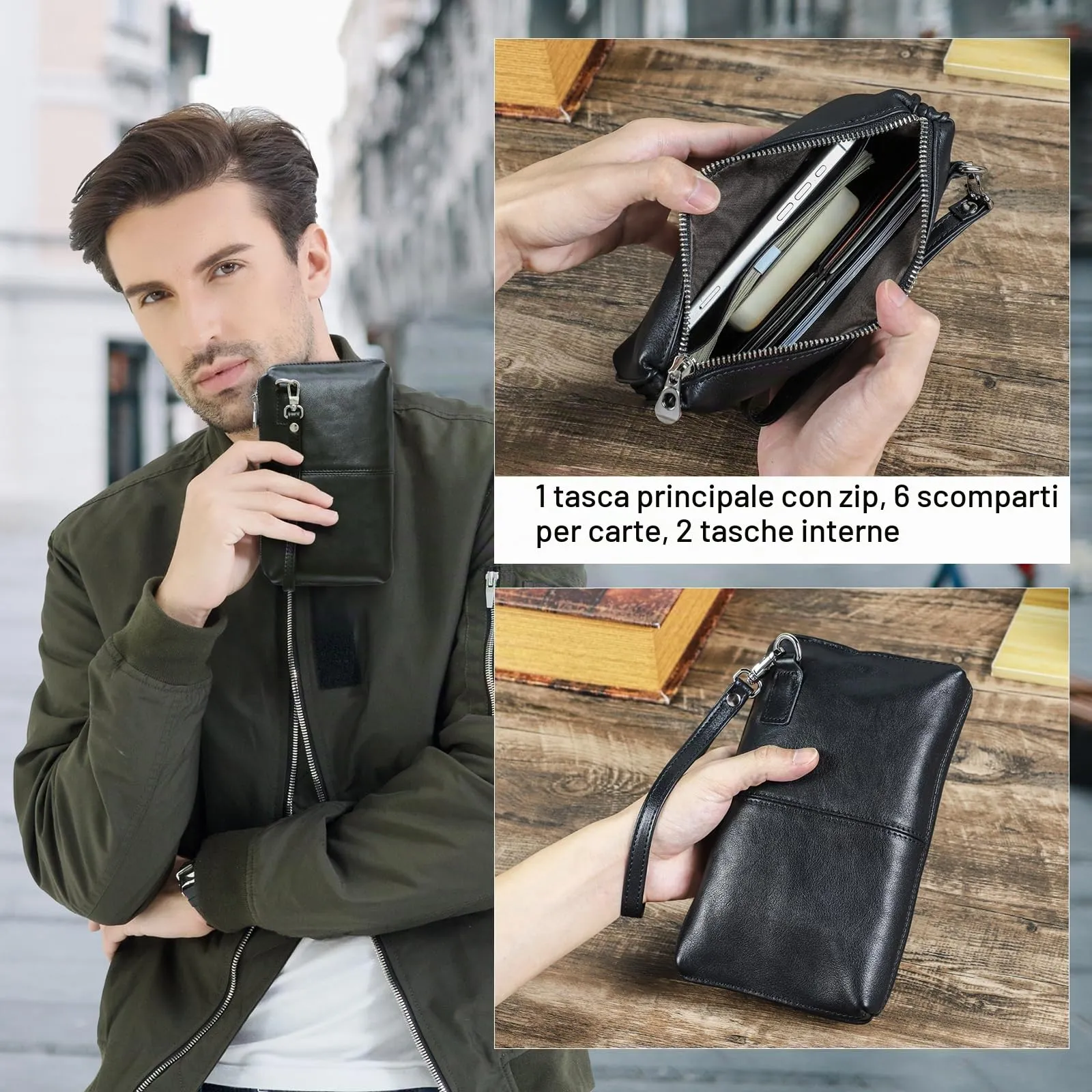 CONTACTS Portafoglio Uomo in Pelle con Cerniera, Porta Carte, Passaporto e Custodia per Cellulare - immagine 2