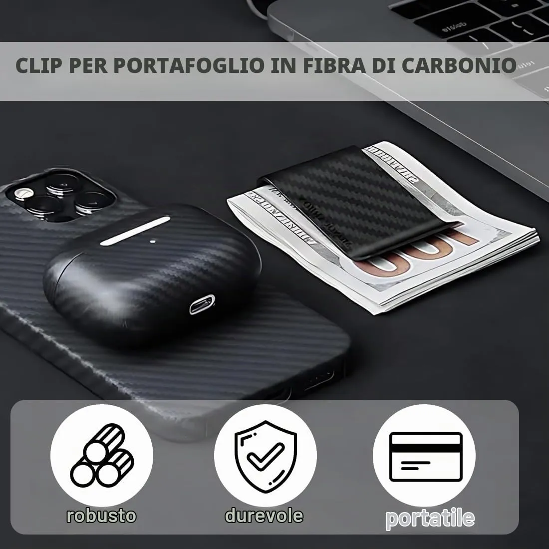 GNALIA Fermasoldi Uomo in Fibra di Carbonio Nero con Clip per Carte di Credito, 5cm x 3cm - immagine 3