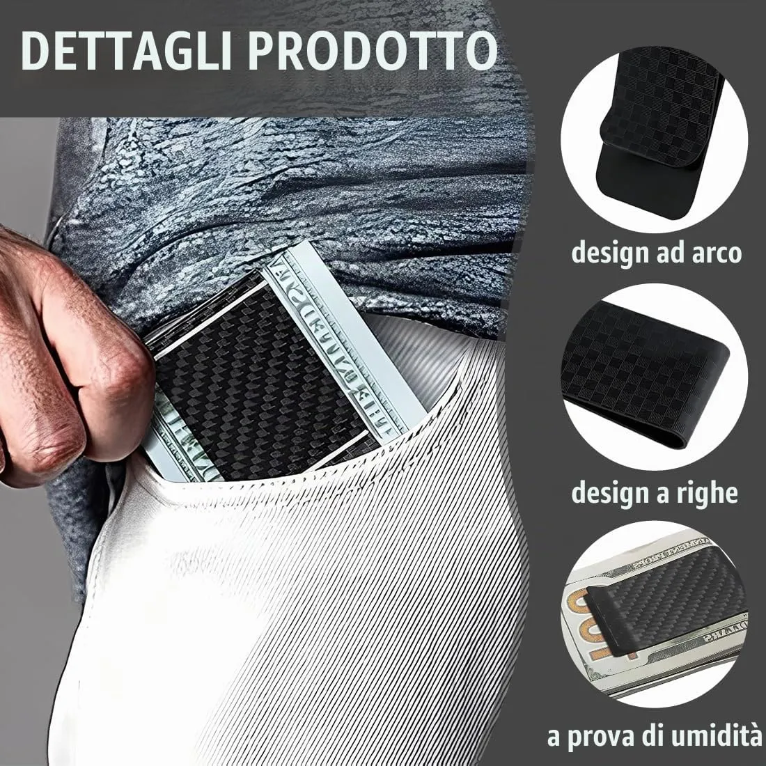 GNALIA Fermasoldi Uomo in Fibra di Carbonio Nero con Clip per Carte di Credito, 5cm x 3cm - immagine 4