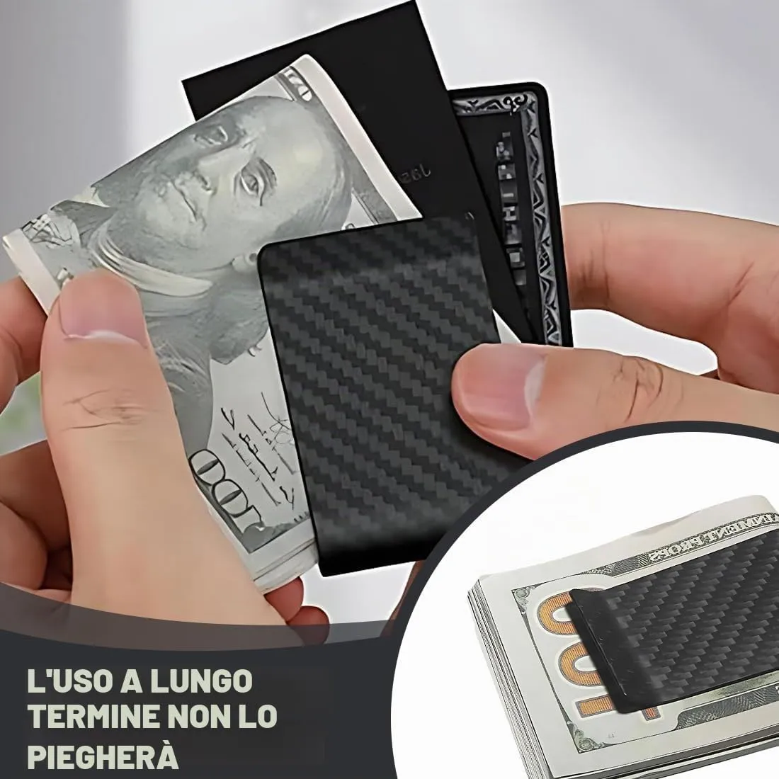 GNALIA Fermasoldi Uomo in Fibra di Carbonio Nero con Clip per Carte di Credito, 5cm x 3cm - immagine 5