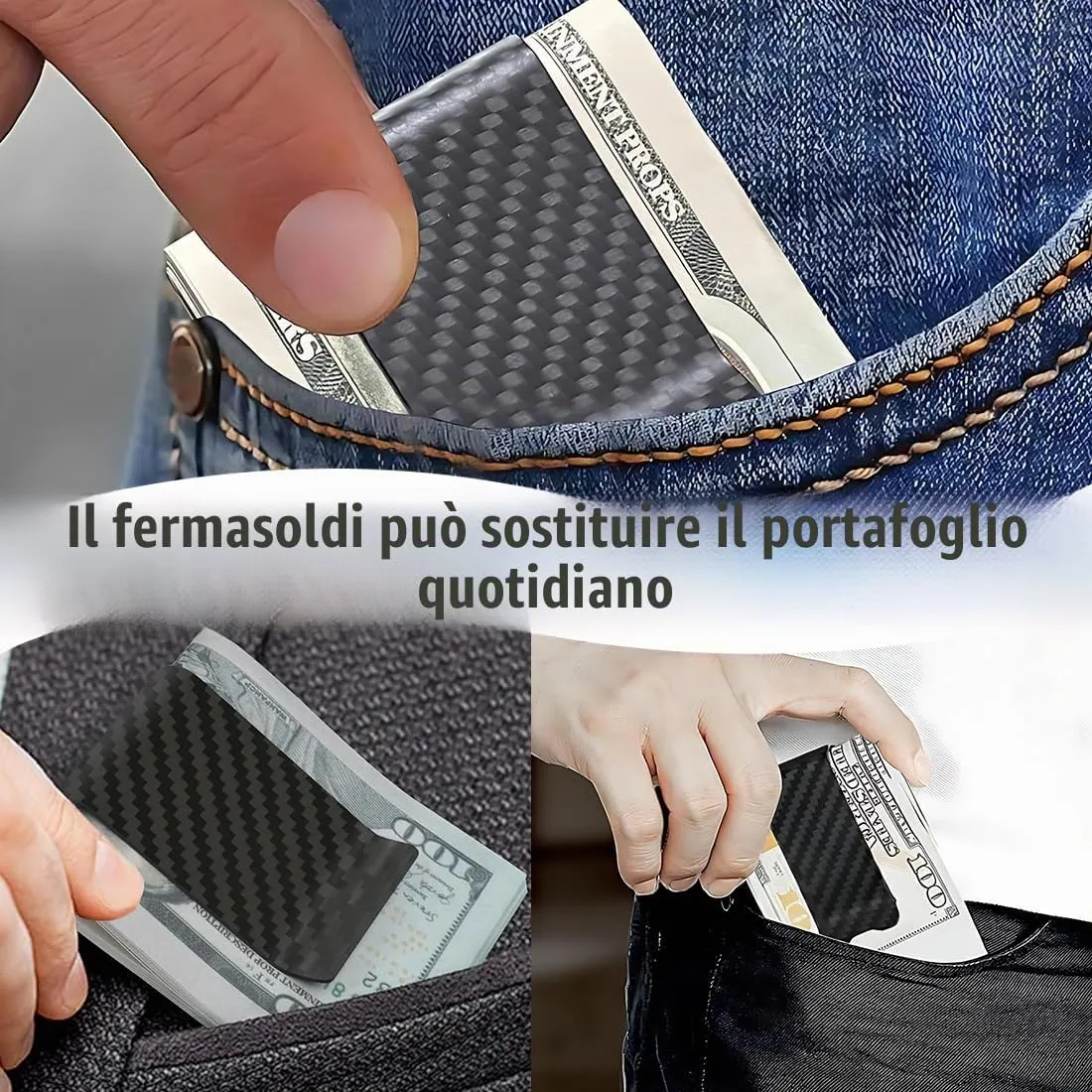 GNALIA Fermasoldi Uomo in Fibra di Carbonio Nero con Clip per Carte di Credito, 5cm x 3cm - immagine 6